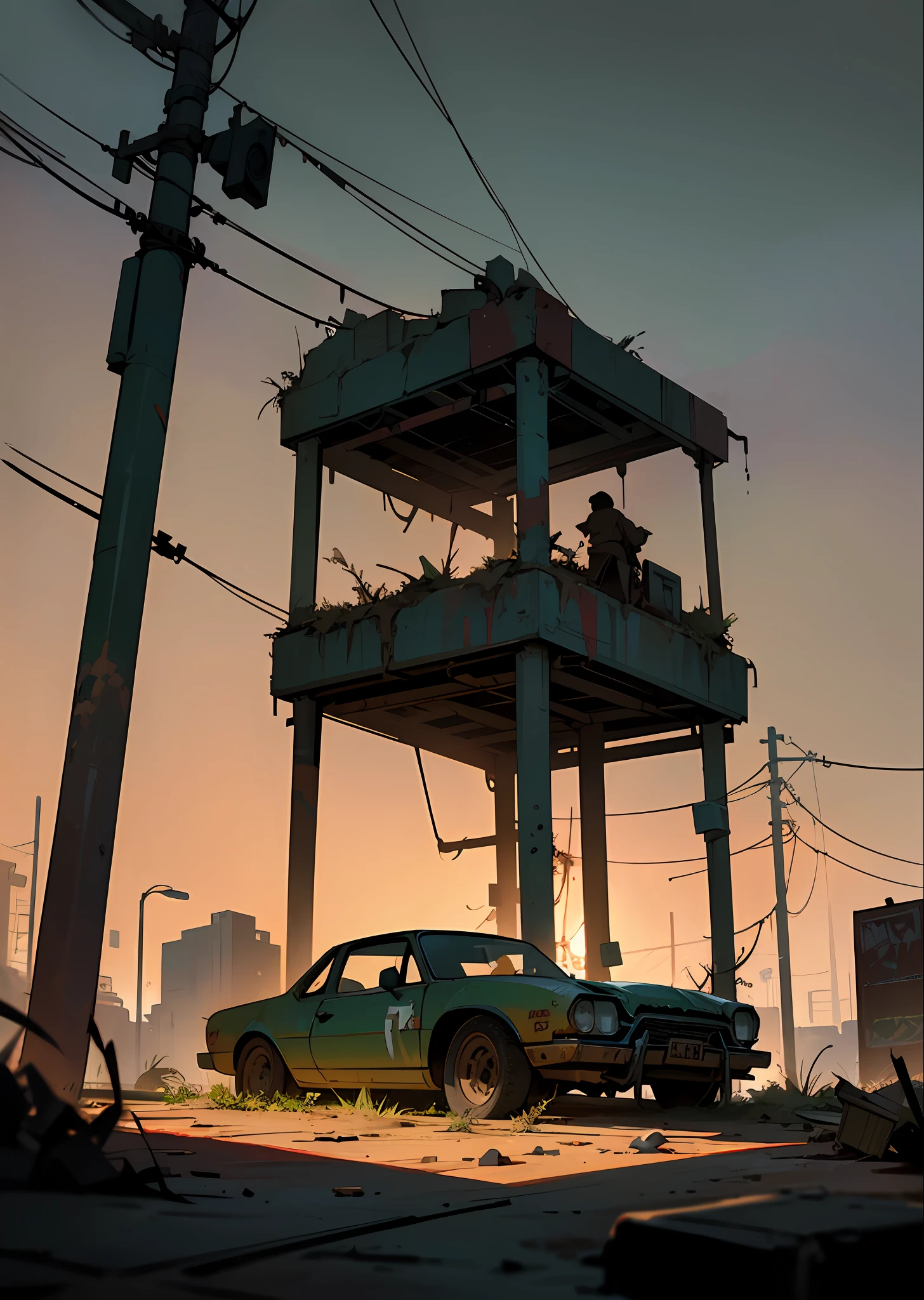 hyper-realistic and very detailed illustration of an abandoned square, a point of view from the outside, an image very loaded with objects, a point of view from below, a dirty and cracked concrete staircase, metal signs, seats, cables, a pole, rusty fences, white and pastel yellow walls, a pallet, empty boxes, damaged wall paint, some debris on the ground, metal and rusty scrap, damaged car parts, very detailed advertising on a neon wall,  floodlights (very radiant), artificial and sterile environment, bright day, very dark shadows of the landscape, red and green neon lights, soil with a lot of desert sand littering the entire landscape, very clear details and high contrast, zombie dog