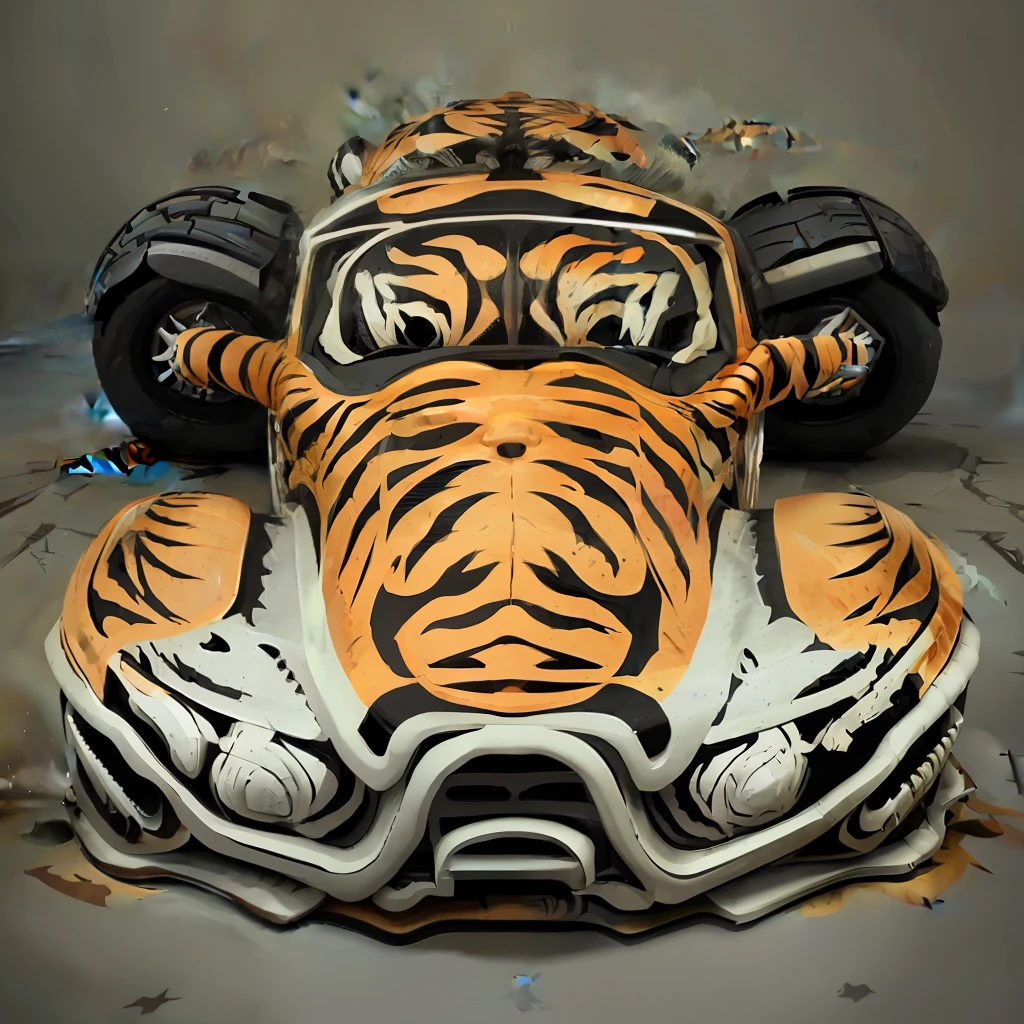 ((zeekars)) Sci-fi spaceship style hardcore urban utility vehicle, front view, cat's eye headlights, (((((tiger skin spray paint)))), gold wheels, Nordic style design