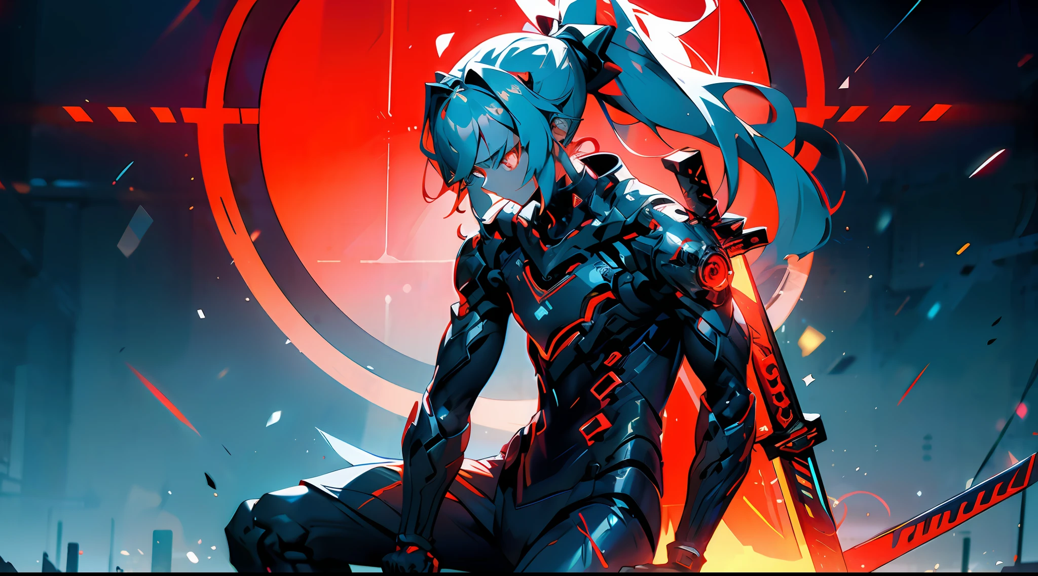 A mech girl, long silver-white hair and a ponytail and waist, eyes with red glow, wearing a black sexy mech suit, red torn cloak swaying in the wind, red light effect dyed yellow glowing broad sword, night, rain, sitting in a ruined cyber city, lifelike, best image quality, highest definition and clarity, original, surrealism, high detail, futurism, action painting, chiaroscuro, ray tracing, motion blur, cowboy shots, close-ups, combat action drawing, layering, Hologram display, cyberpunk style