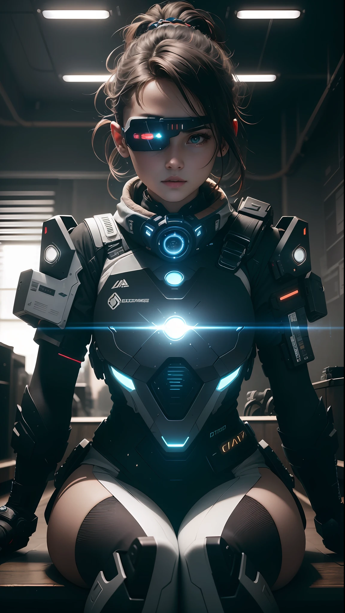 ((Best Quality)), ((Masterpiece)), (Very detailed: 1.3), 3D, Beautiful (Cyberpunk: 1.3) Female hacker, laser eye patch, mohican hairstyle, energy core on chest, thick hair, sitting in front of a computer screen, operating a computer terminal, head-mounted display, computer server, LCD screen, fiber optic cable, company logo, HDR (high dynamic range), ray tracing, nvidia RTX, super resolution, Unreal 5, subsurface scattering, PBR texture, post-processing, anisotropic filtering, depth of field, maximum sharpness and sharpness, multi-layer textures, albedo and highlight maps, surface shading, accurate simulation of light-material interactions, perfect proportions, octane rendering, duotone lighting, low ISO, white balance, rule of thirds, wide aperture, 8K RAW, efficient sub-pixels, subpixel convolution, luminous particles, dynamic pose