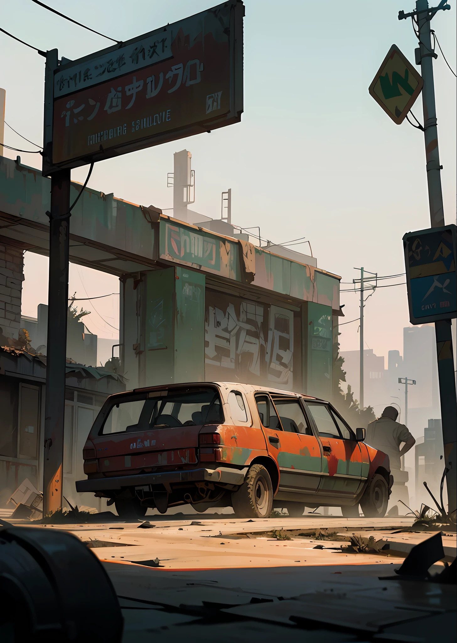 hyper-realistic and very detailed illustration of an abandoned square, a point of view from the outside, an image very loaded with objects, a point of view from below, a dirty and cracked concrete staircase, metal signs, seats, cables, a pole, rusty fences, white and pastel yellow walls, a pallet, empty boxes, damaged wall paint, some debris on the ground, metal and rusty scrap, damaged car parts, very detailed advertising on a neon wall, floodlights (very radiant), artificial and sterile environment, bright day, very dark shadows of the landscape, red and green neon lights, soil with a lot of desert sand littering the entire landscape, very clear details and high contrast, zombie dog