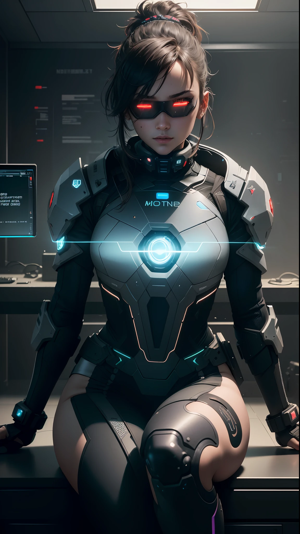 ((Best Quality)), ((Masterpiece)), (Very detailed: 1.3), 3D, Beautiful (Cyberpunk: 1.3) Female hacker, laser eye patch, mohican hairstyle, energy core on chest, thick hair, sitting in front of a computer screen, operating a computer terminal, head-mounted display, computer server, LCD screen, fiber optic cable, company logo, HDR (high dynamic range), ray tracing, nvidia RTX, super resolution, Unreal 5, subsurface scattering, PBR texture, post-processing, anisotropic filtering, depth of field, maximum sharpness and sharpness, multi-layer textures, albedo and highlight maps, surface shading, accurate simulation of light-material interactions, perfect proportions, octane rendering, duotone lighting, low ISO, white balance, rule of thirds, wide aperture, 8K RAW, efficient sub-pixels, subpixel convolution, luminous particles, dynamic pose