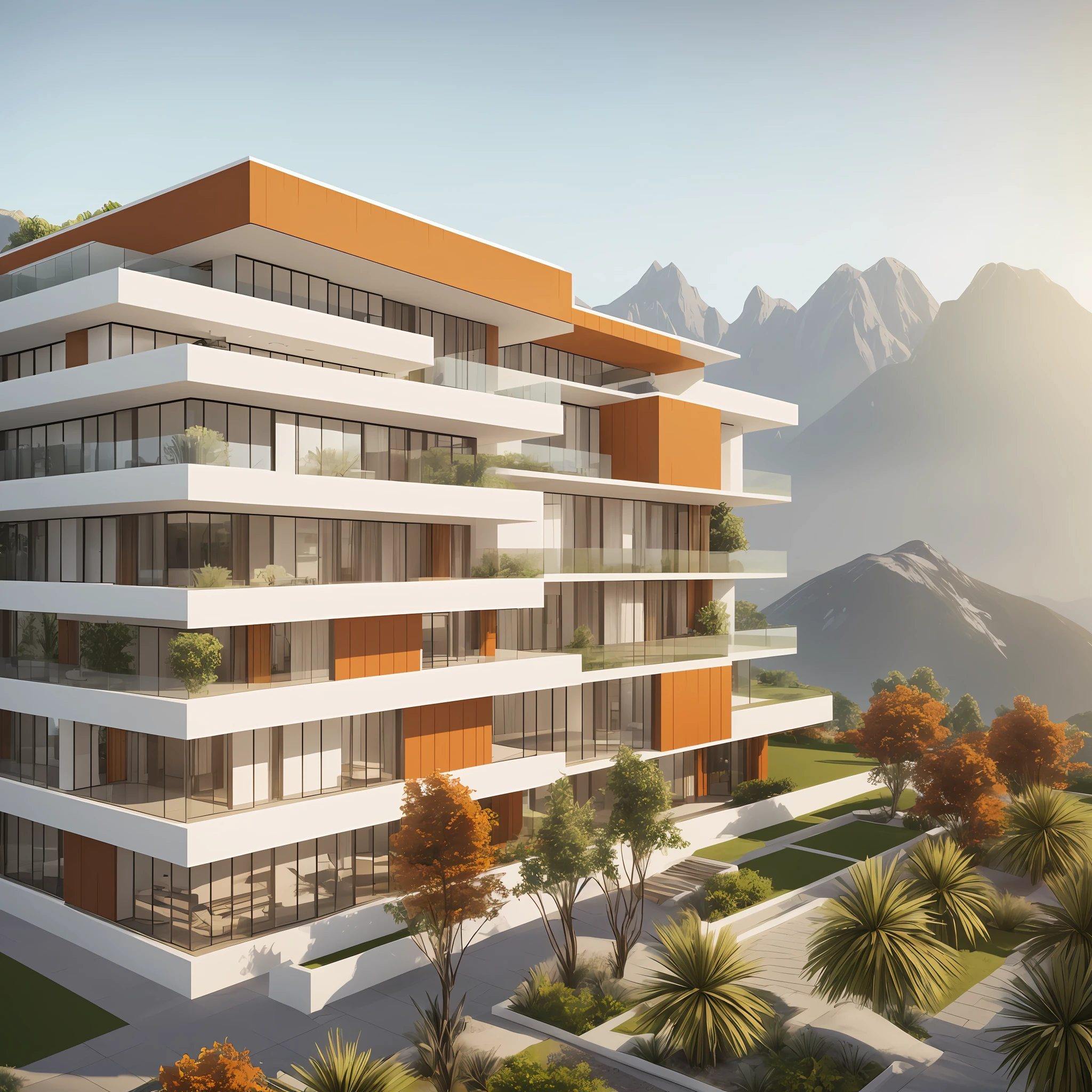 Building Architecture Design, Modern and simple design, Unreal 5, Realistic, 20% vegetation in the view, fine weather, 65% of building facade is seen, 3D perspective highly detail design, mountain range background is added as 10% of view, 40% white and 20% orange colour theme --auto --s2