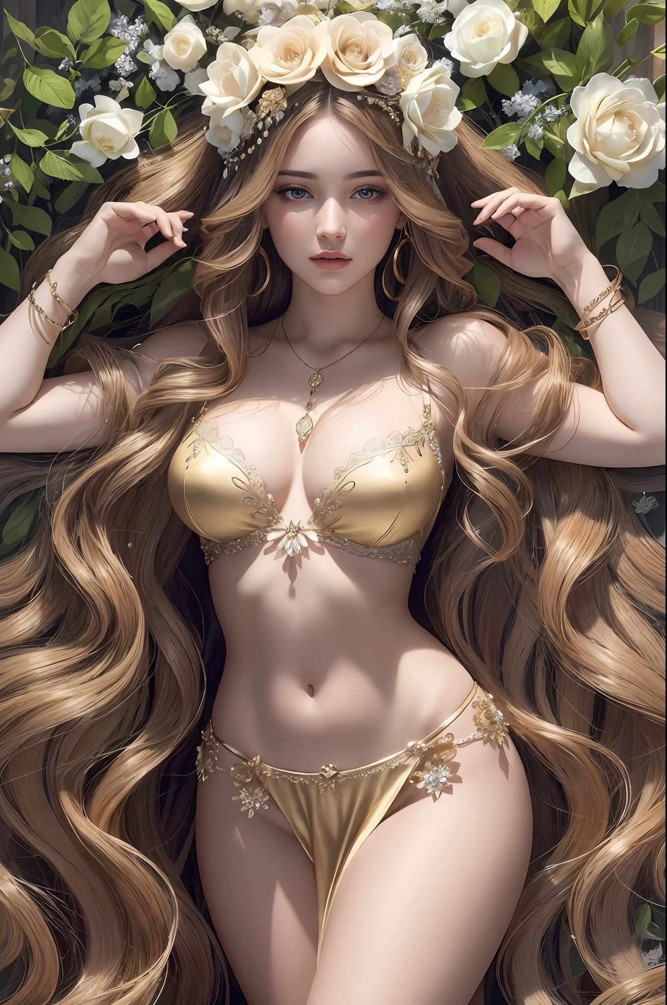( Absurd, High quality, ultra-detailed, masterpiece, concept art, smooth, highly detailed artwork, hyper-realistic painting ) ,Goddess, Greek mythology, Aphrodite, captivating and enchanting, commanding attention wherever she went, breathtakingly beautiful goddess with flawless features, skin was described as radiant and fair, often compared to the softness of freshly bloomed flowers, hair was a prominent aspect of her beauty. It was typically depicted as lustrous and flowing, often cascading in waves or curls down her shoulders and back, eyes were described as enchanting and alluring, drawing others in with their depth and intensity. Aphrodite’s gaze had the power to captivate and inspire love in those who looked upon her, wearing elegant and ethereal garments. She adorned herself with exquisite jewelry, including necklaces, bracelets, and intricate accessories, lace lingerie
