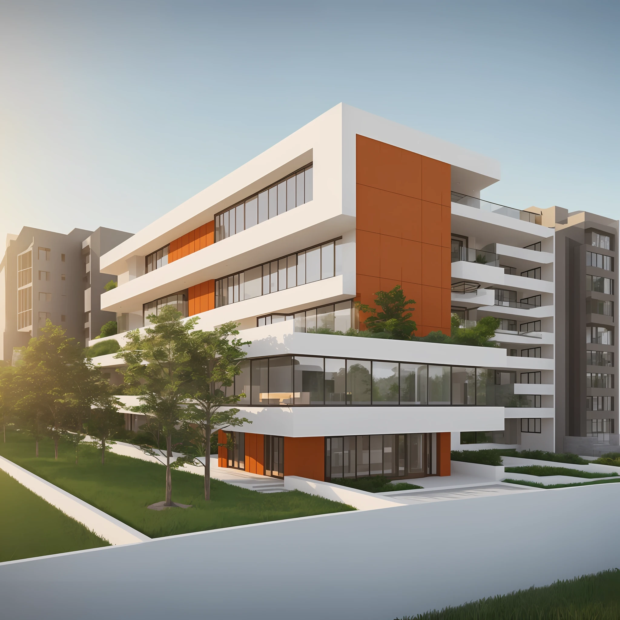 Building Architecture Design, Modern and simple design, Unreal 5, Realistic, 20% vegetation in the view, fine weather, 65% of building facade is seen, 3D perspective highly detail design, mountain range background is added as 10% of view, 40% white and 20% orange colour theme --auto --s2