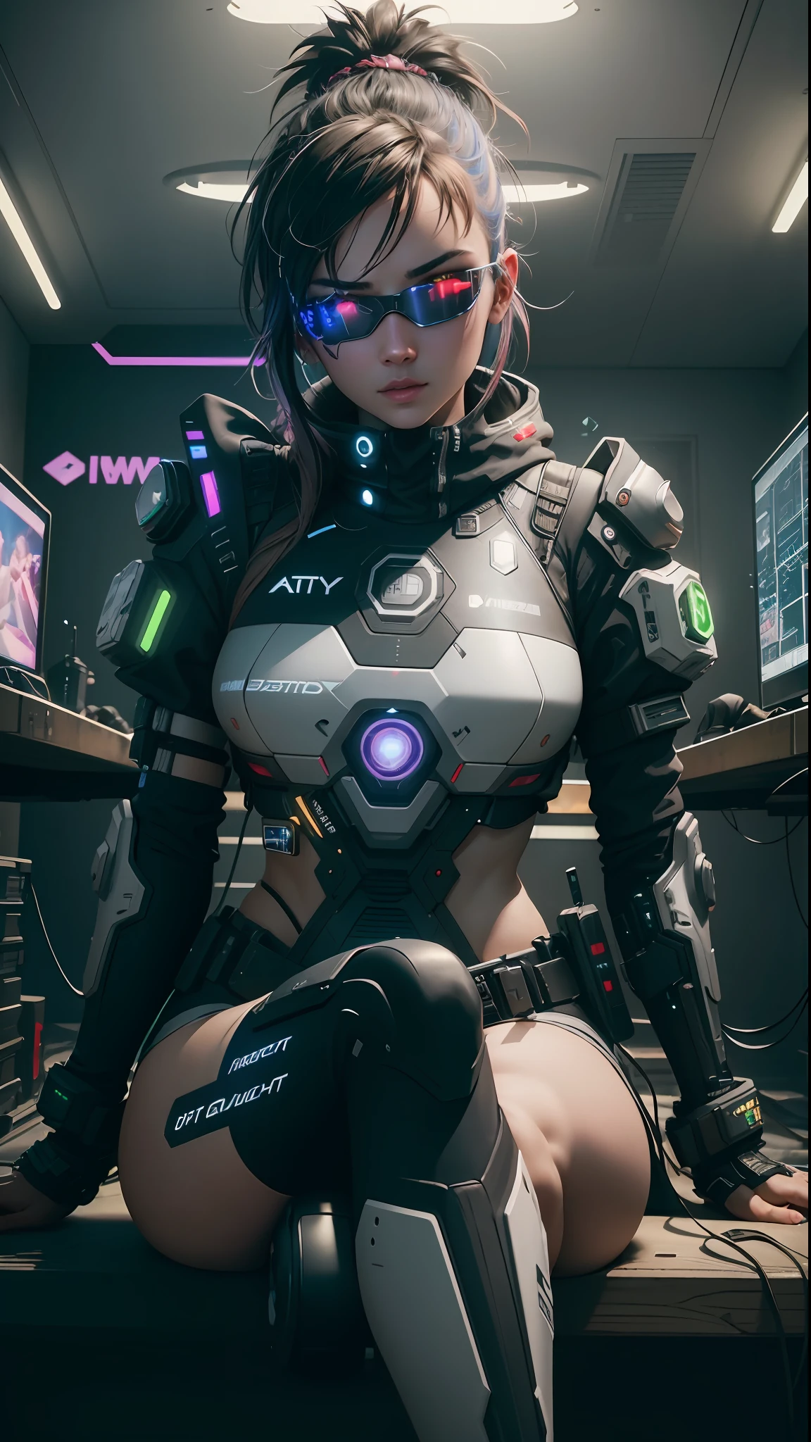 ((Best Quality)), ((Masterpiece)), (Very detailed:1.3), 3D, Beautiful (Cyberpunk:1.3) Female hacker, sideways, laser eye patch, mohican hairstyle, energy core on chest, thick hair, sitting in front of a computer screen, operating a computer terminal, head-mounted display, computer server, LCD screen, fiber optic cable, company logo, HDR (High Dynamic Range), ray tracing, NVIDIA RTX, super resolution, Unreal 5, subsurface scattering, PBR texture, Post-processing, anisotropic filtering, depth of field, maximum sharpness and sharpness, multi-layer textures, albedo and highlight mapping, surface shading, accurate simulation of light-material interactions, perfect proportions, octane rendering, duotone lighting, low ISO, white balance, rule of thirds, wide aperture, 8K RAW, efficient sub-pixels, subpixel convolution, luminous particles, dynamic pose