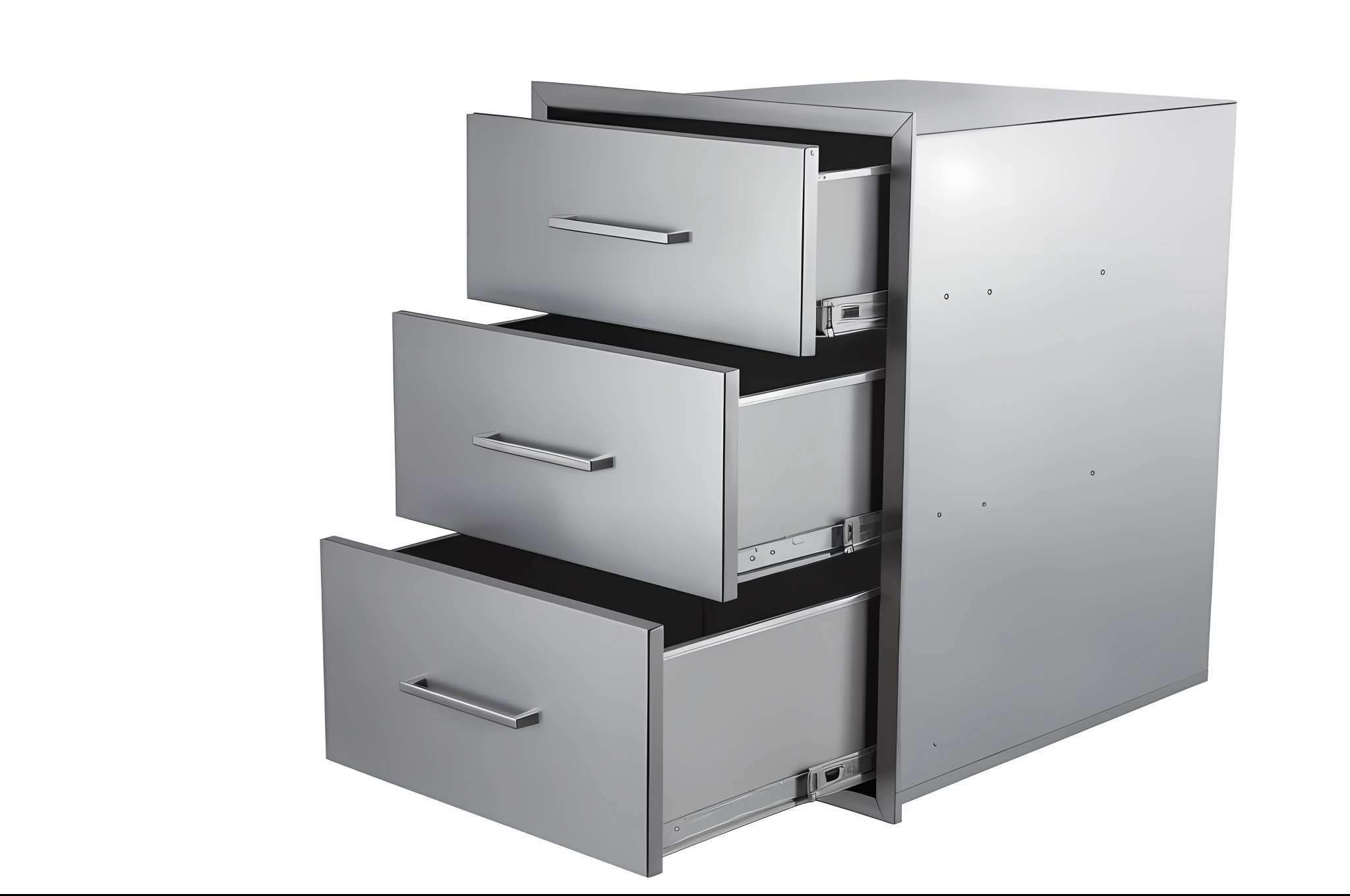 there is a metal cabinet with three drawers on it, 3 - piece, modular item, cabinets, made of brushed steel, trinity, series, stainless steel, exquisite detail, multi - level, product photo, radiant, 3 doors, modular, regular build, cabinet furniture, superior, product introduction photo, circular, oz series, versatile, 3 0 0 mm