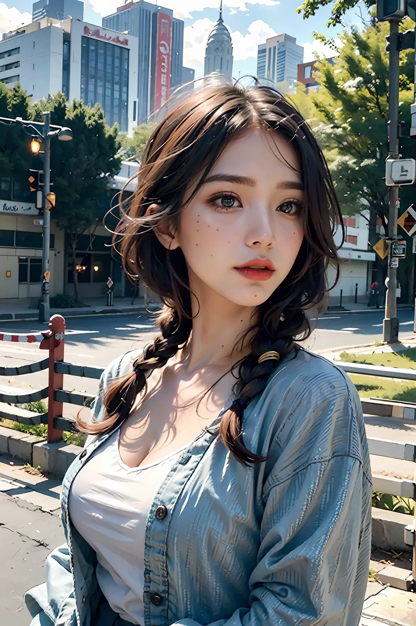 best quality, masterpiece, photo realism, intricate detail, raw photo, photon rendering, octane rendering, ridiculous, ultra-detailed, detailed face and multicolored hair, detailed skin, trend in artstation,8k masterpiece, cinematic lighting, landscape, landscape, no one, cityscape, sky, city, clouds, outdoors, building, sunset, city lights, bridge, river, tree, roadn, artist name,