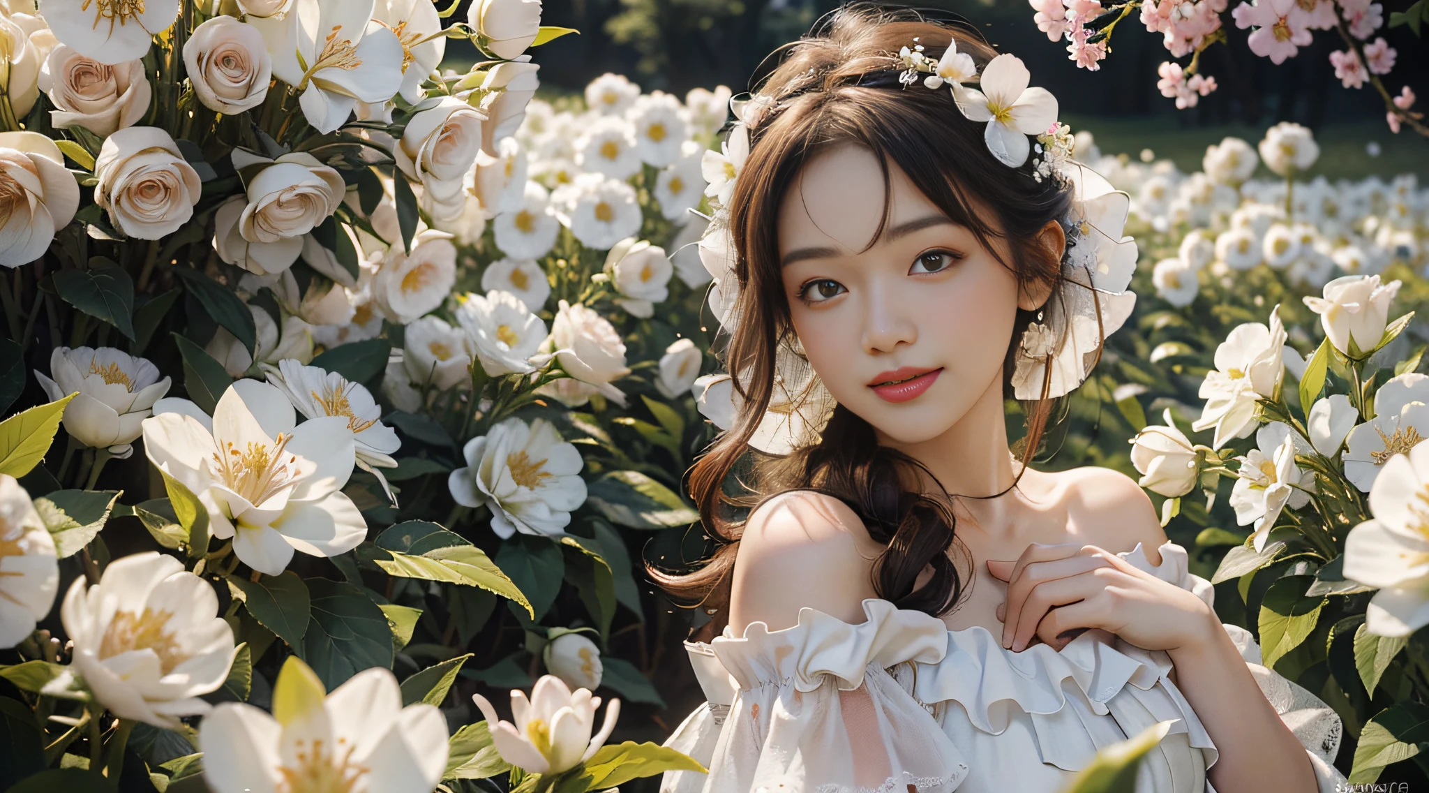 Best quality, masterpiece, ultra high res, (photorealistic:1.4), raw photo, 1girl, white dress, off shoulder, blossom flower field, glowing skin, light smile