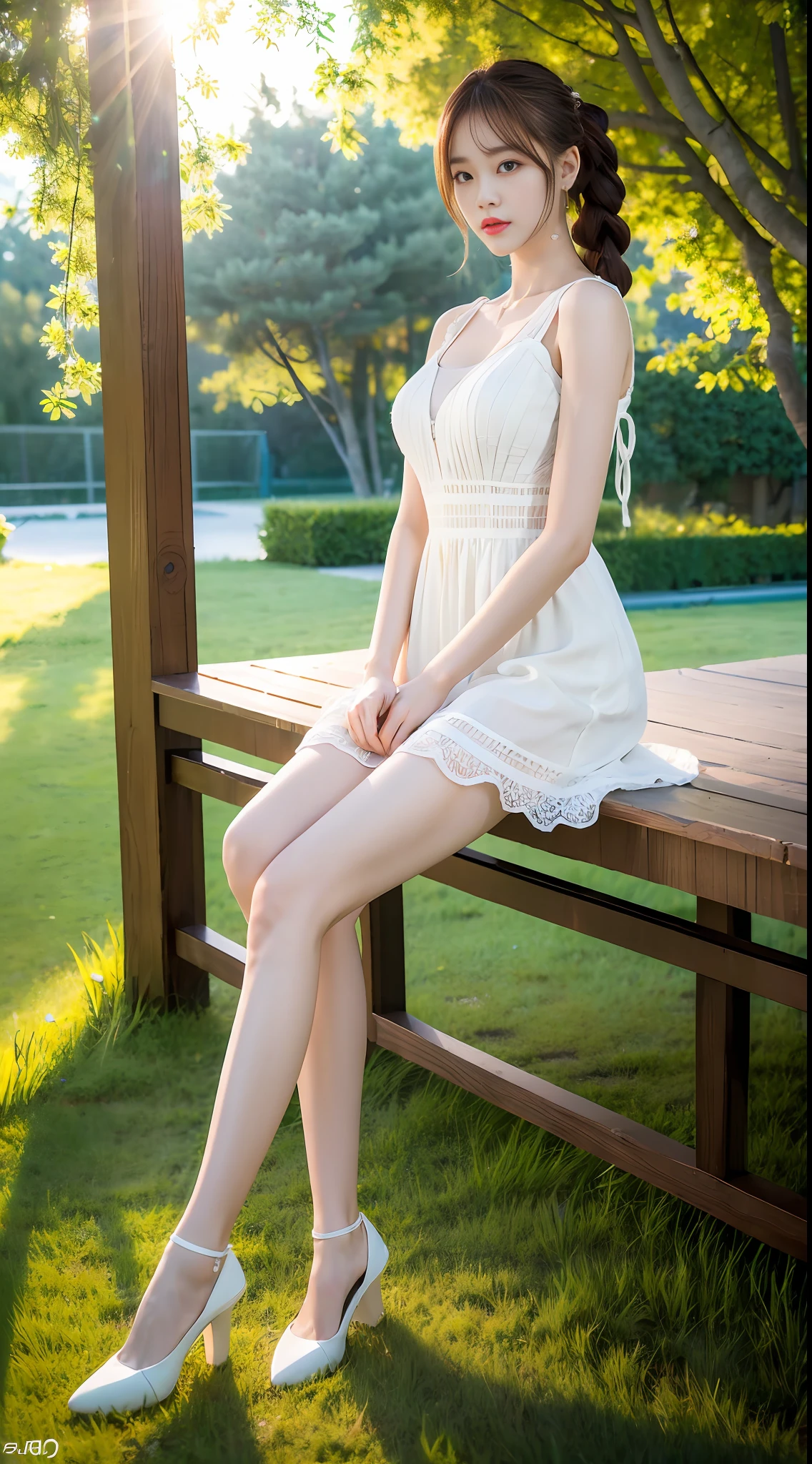 (8k, RAW photo, best quality, masterpiece: 1.2), (realistic, photorealistic photo: 1.37), professional lighting, photon mapping, radiosity, korean doll, park, white summer dress, extra long legs