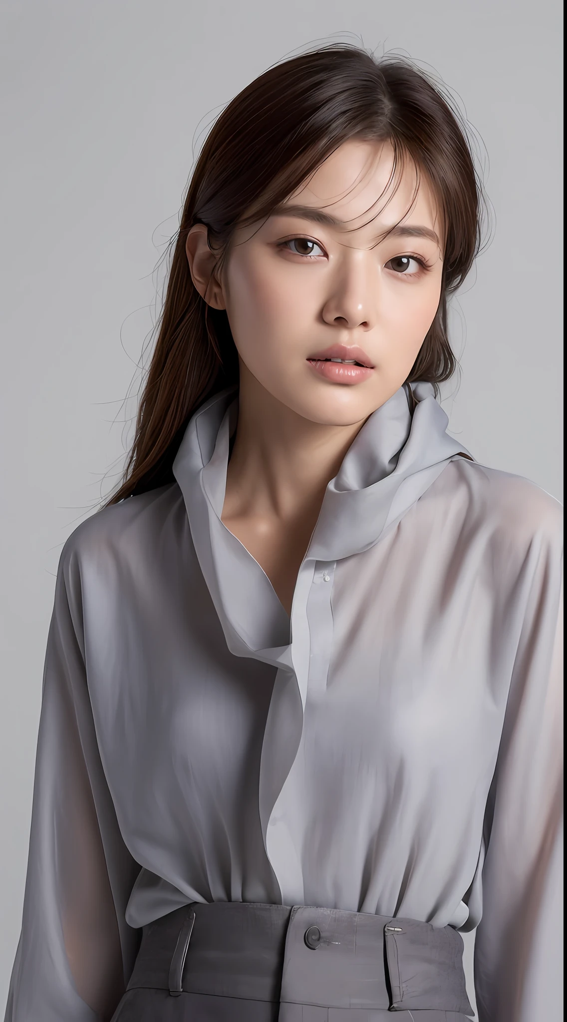 ((Best quality, 8k, Masterpiece :1.3)), Sharp focus :1.2, A pretty woman with perfect figure :1.4, Slender abs :1.2, ((Dark brown hair,breasts :1.2)), (white long formal shirt)(buttoning up his shirt.), grey background:1.2, Highly detailed face and skin texture, Detailed eyes, Double eyelid,fashion model posing,cowboy shot,white pants,,(wears a gray scarf around his neck.)