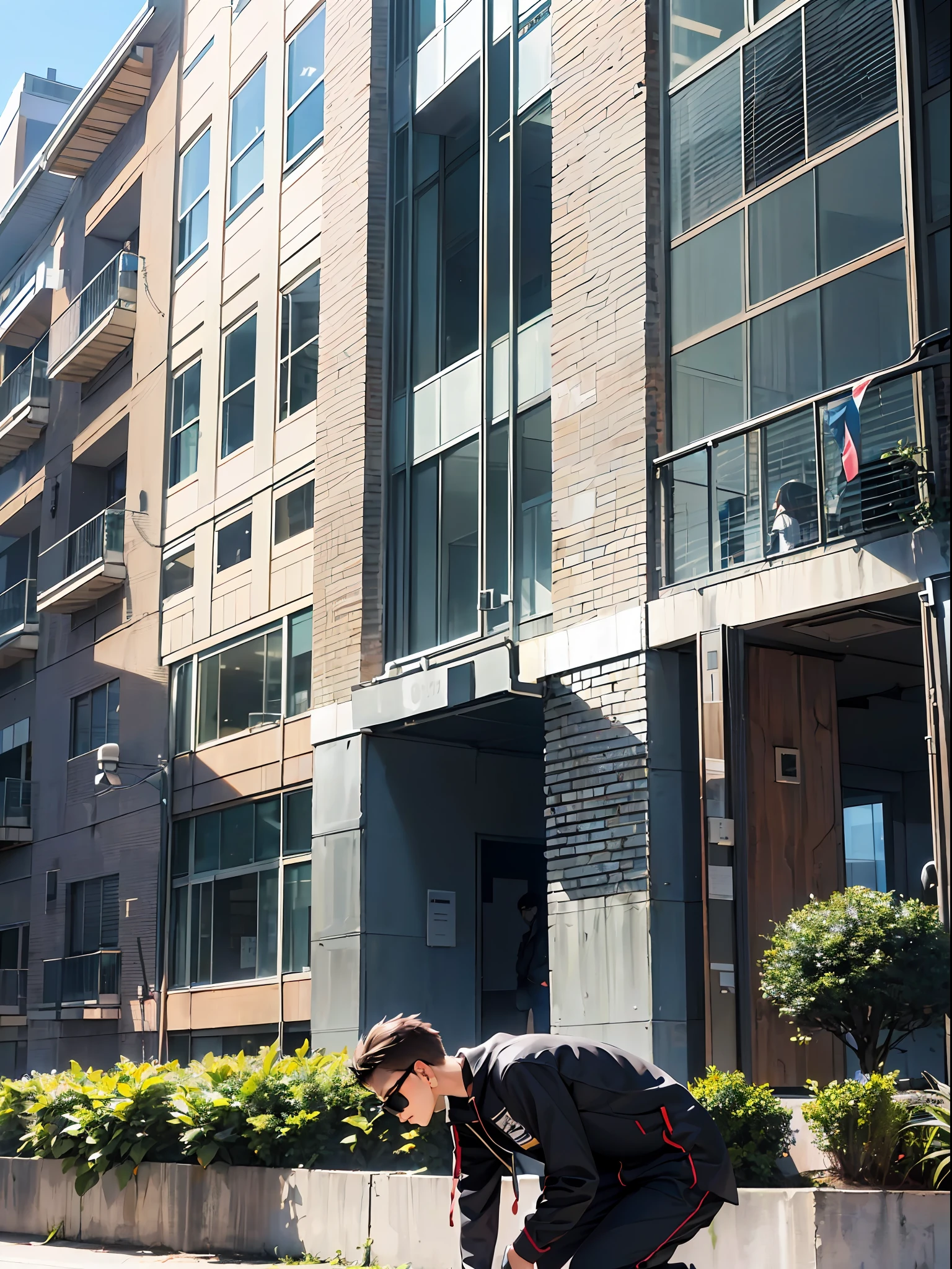 (A male college student wearing sunglasses, bending down in front of the dormitory building: 1.9) (Full body: 1.8) (Student introverted appearance: 1.7) (Quiet and peaceful atmosphere around the building: 1.8) (Possible significance of the location or event that occurred in the building: 1.7)