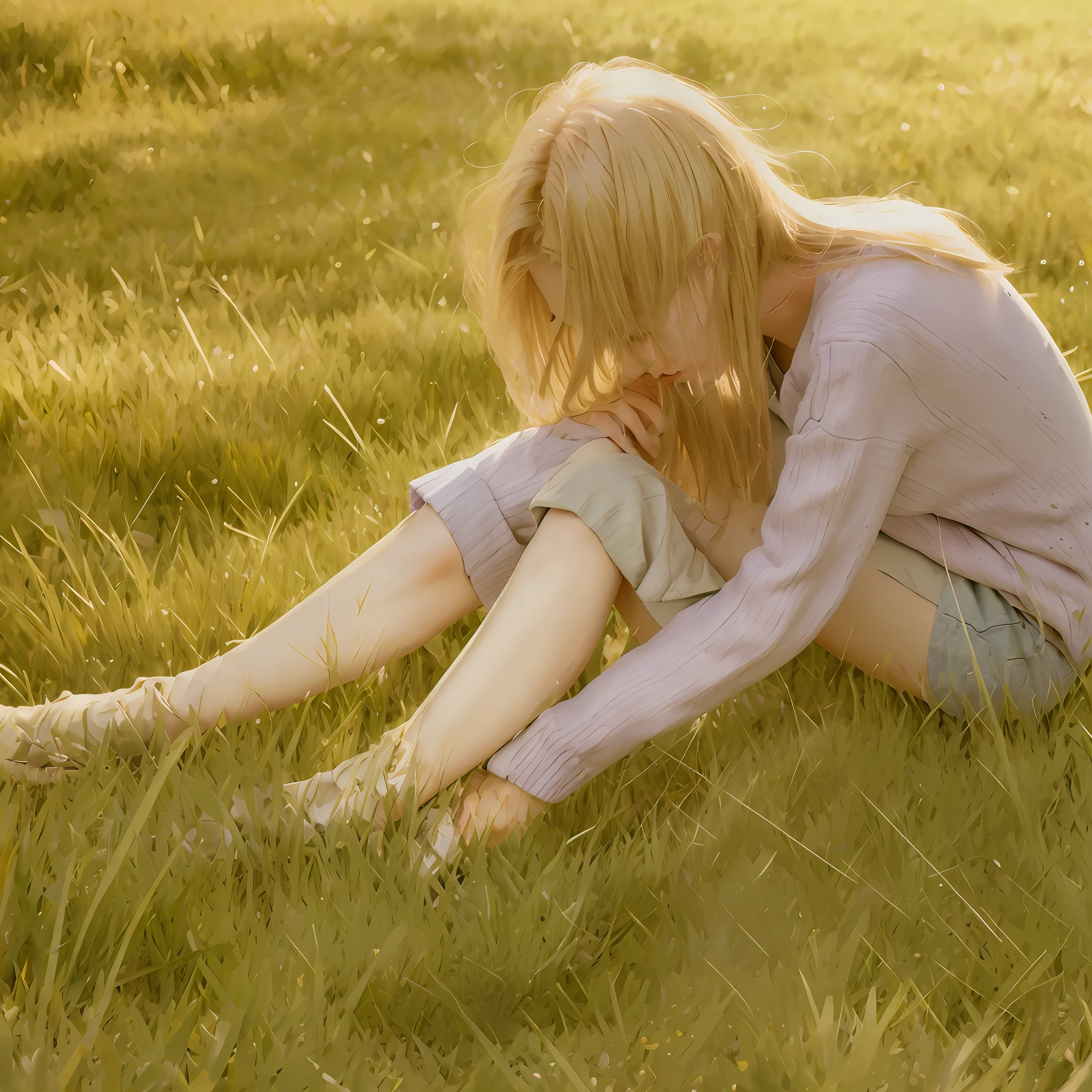 Blonde woman sitting on the grass with her legs crossed, on the grass. Soft light, on the grass, on the grass, sitting in the field, realistic girl squatting, soft golden light, sitting on the ground, on the grass, beautiful lonely girl, in the field, violet eternal garden, sitting on the green grass, real painting style, ((((realistic style)))