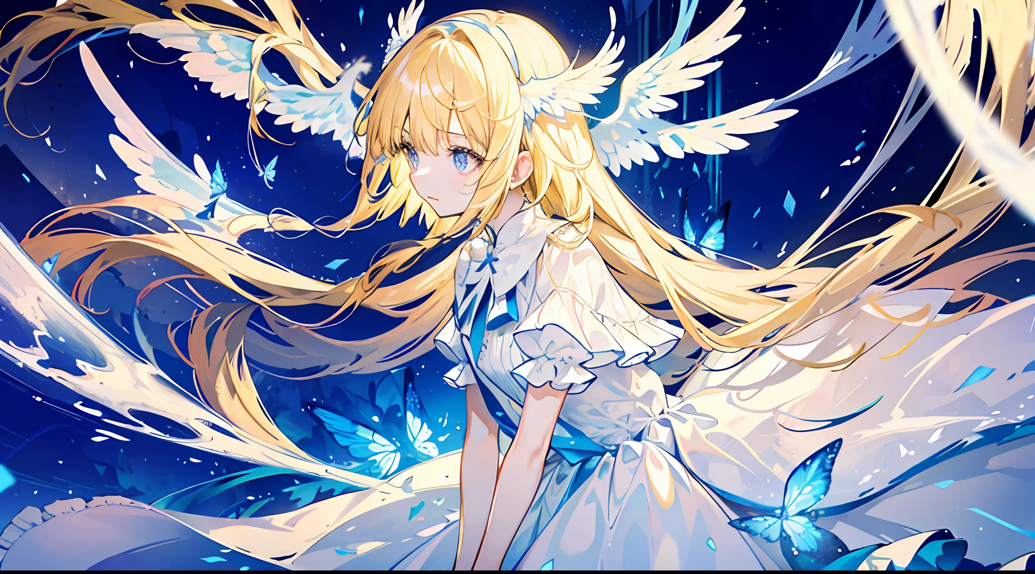 A , beautiful, otherworldly, elegant, full body, long blonde hair, simple dress, white and blue dress, surrounded by light, angel wings, streamer, magic,