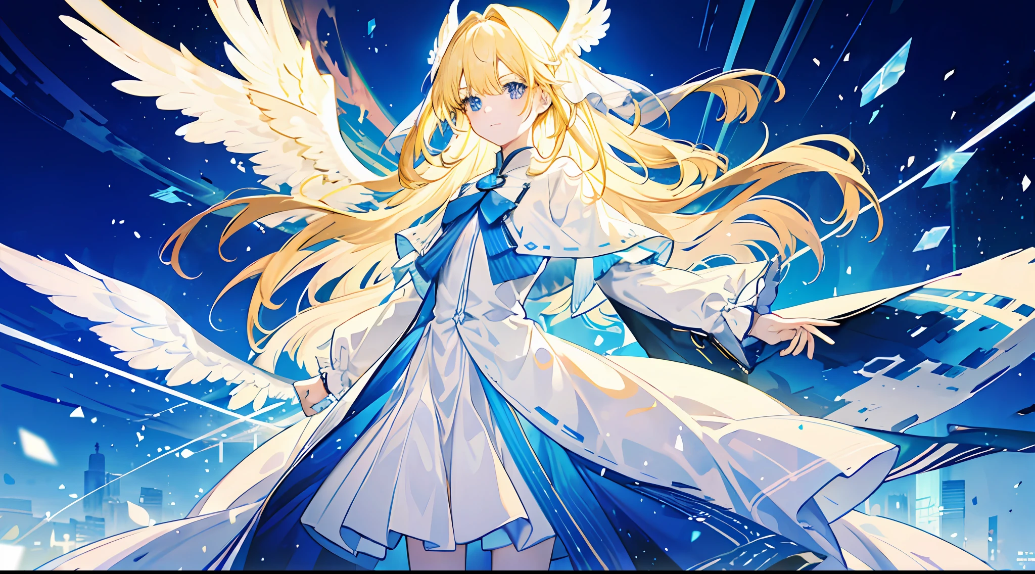 A little girl, beautiful, otherworldly, elegant, full body, long blonde hair, simple dress, white and blue dress, surrounded by light, angel wings, streamer, magic,