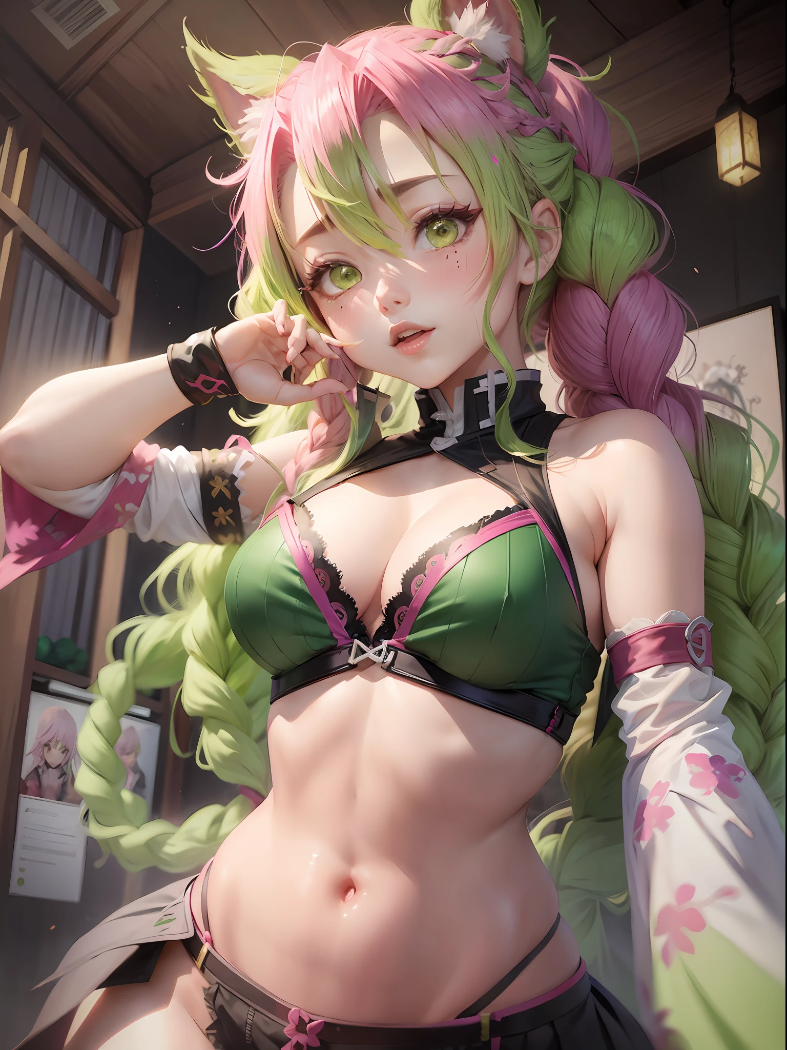 Mitsuri, Demon Slayer, Gradient Hair, Greenhair, Pinkhair, Braid, Dancer, Lace Clothes, Belly Dance