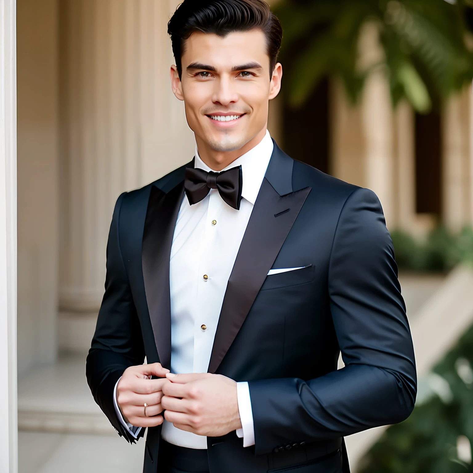 Nick exudes elegance in a custom-tailored black tuxedo by a top European designer. The suit fits him perfectly, showcasing Henry Golding's tall and lean physique. The tuxedo features a classic peak lapel, a crisp white dress shirt, and a black bow tie. Nick's charming smile and groomed facial hair add a touch of sophistication, while his piercing brown eyes captivate everyone around him.