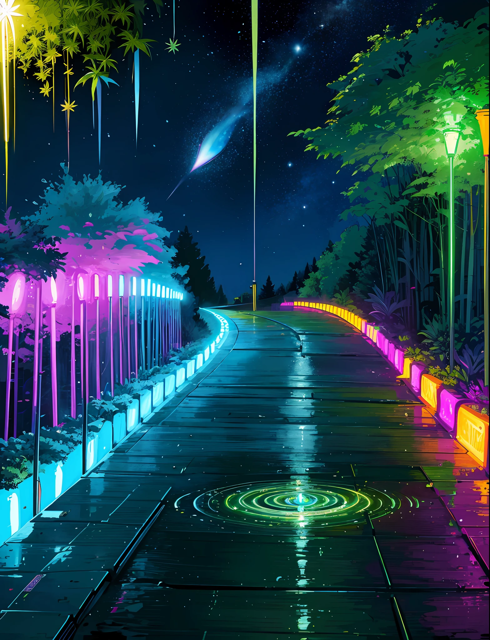 A steep chic train on a wet road. ,neon lights, neon galaxies, huge crystal moon, starry sky,,happy, peaceful, , in love Hemp, leaf,marijuana,cannabis,((illustration)), colorful, wallpaper, energy, secret,