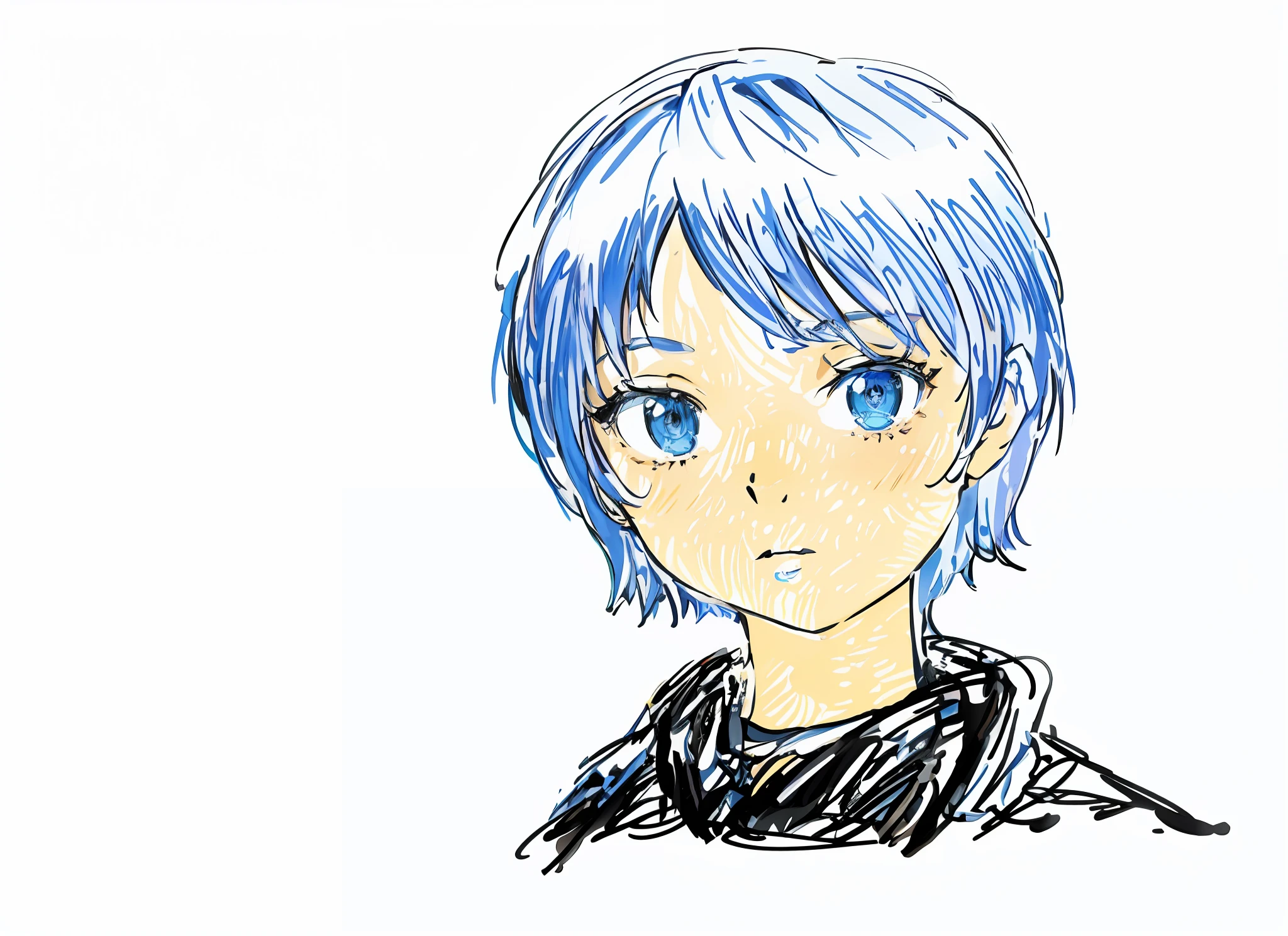 Camille, Paint Tool Sai!! blue, short blue hair woman, 2d anime style, anime style character, anime style, anime style portrait, young anime man, anime character, sketchy art style, Japan anime style