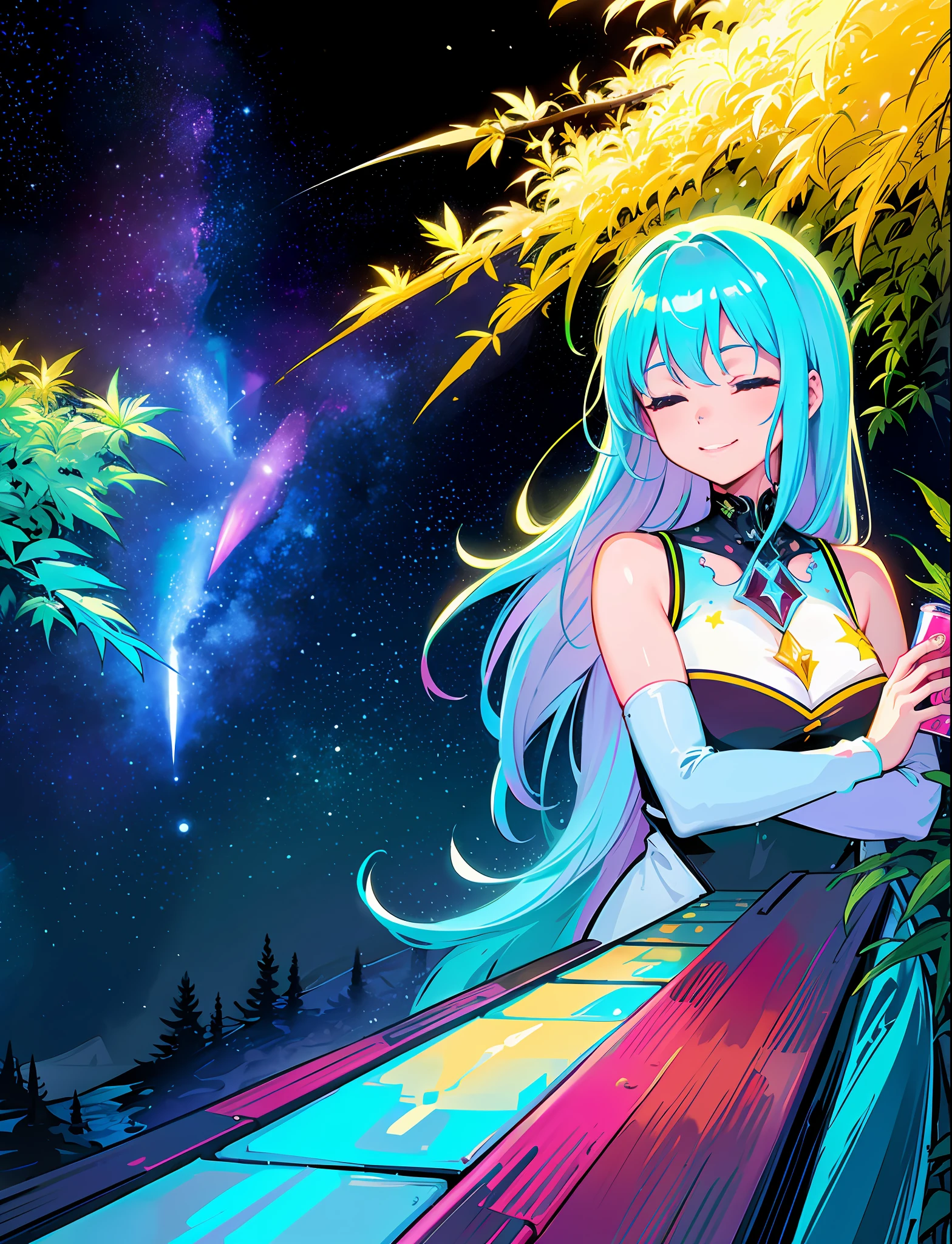 A steep chic train on a wet road. ,neon lights, neon galaxies, huge crystal moon, starry sky,,happy, peaceful, , in love Hemp, leaf,marijuana,cannabis,((illustration)), colorful, wallpaper, energy, secret,