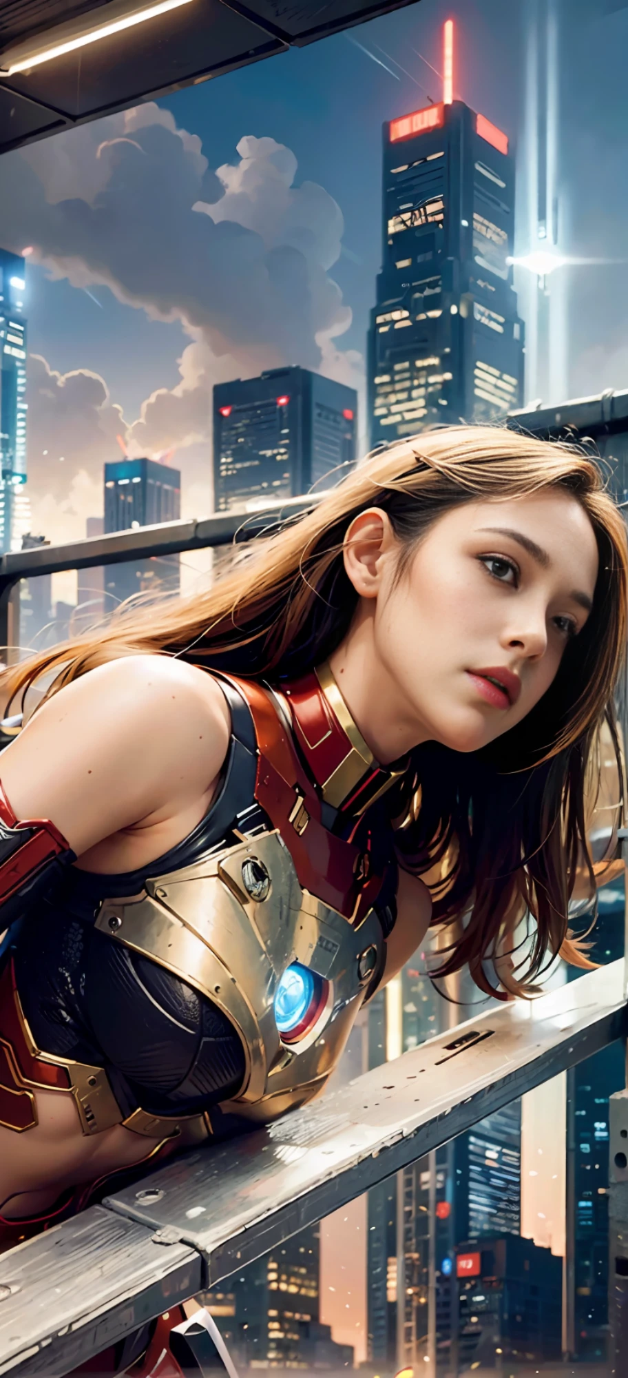 (1girl:1.3), solo,__body-parts__, official art, unity 8k wallpaper, ultra detailed, beautiful and aesthetic, beautiful, masterpiece, best quality, RAW, masterpiece, super fine photo,, best quality, super high Resolution, photorealistic, sunlight, full body portrait, stunningly beautiful,, dynamic pose, delicate face, vibrant eyes, (side view), she is wearing a futuristic Iron Man mech, red and gold, Highly detailed abandoned warehouse background, detailed face, detailed complex busy background, messy, gorgeous, milky, high detailed skin, realistic skin details, visible pores, sharp focus, volumetric fog, 8k uhd, dslr camera, High quality, film grain, fair skin, photorealism, lomography, sprawling metropolis in a futuristic dystopia, view from below, translucent