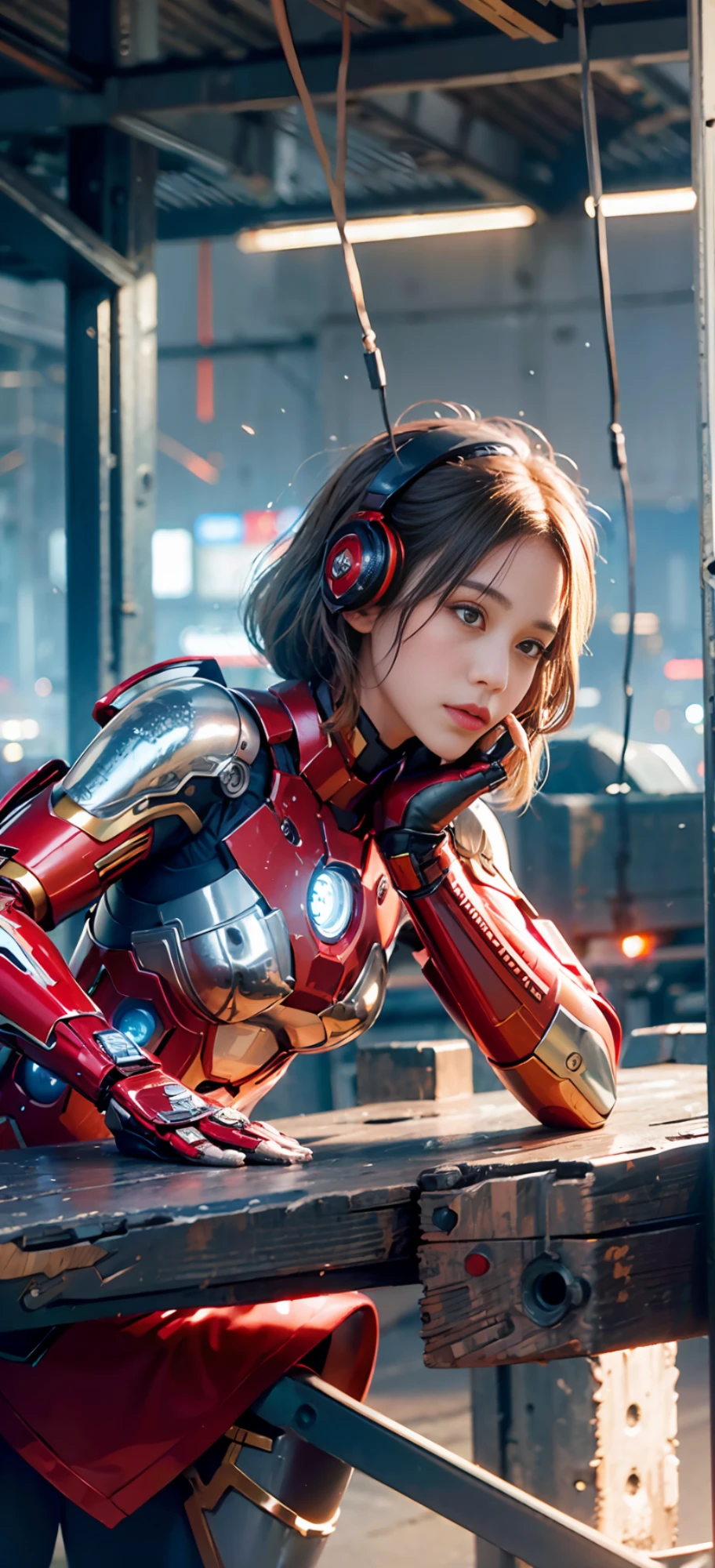 (1girl:1.3), solo,__body-parts__, official art, unity 8k wallpaper, ultra detailed, beautiful and aesthetic, beautiful, masterpiece, best quality, RAW, masterpiece, super fine photo,, best quality, super high Resolution, photorealistic, sunlight, full body portrait, stunningly beautiful,, dynamic pose, delicate face, vibrant eyes, (side view), she is wearing a futuristic Iron Man mech, red and gold, Highly detailed abandoned warehouse background, detailed face, detailed complex busy background, messy, gorgeous, milky, high detailed skin, realistic skin details, visible pores, sharp focus, volumetric fog, 8k uhd, dslr camera, High quality, film grain, fair skin, photorealism, lomography, sprawling metropolis in a futuristic dystopia, view from below, translucent