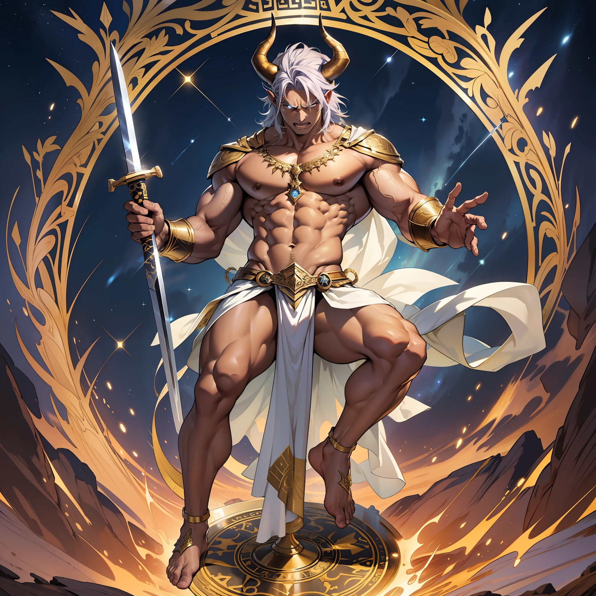Tarot, golden starry sky, single, full-body, Taurus, a youthful, muscular, ancient Greek style, god costume, coffee-colored hair, dark skin, angry expression, holding a huge sword, roaring, huge horns, barefoot, feet