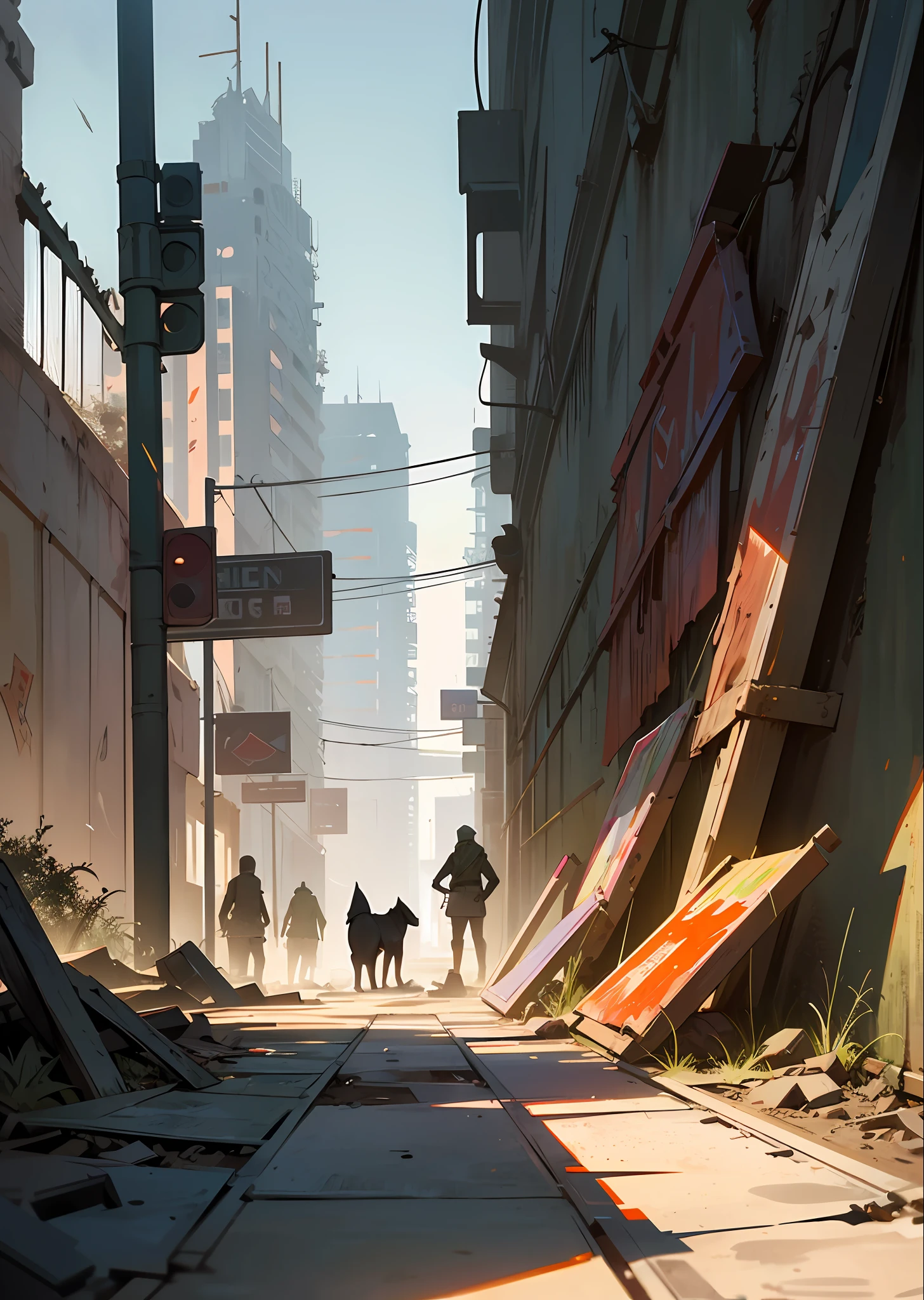 a pack of stray zombie dogs, a hyper-realistic and very detailed illustration of an abandoned square, a point of view from the outside, an image very loaded with objects, a point of view from below, a dirty and cracked concrete staircase, metal signs, seats, cables, a pole, rusty fences, white and pastel yellow walls, a pallet, empty boxes, damaged wall paint, some debris on the ground, metal and rusty scrap, damaged car parts, very detailed advertising on neon wall, floodlights (very radiant), artificial and sterile environment, bright day, very dark shadows of the landscape, red and green neon lights, soil with a lot of desert sand littering the entire landscape, very clear details and high contrast, zombie dog