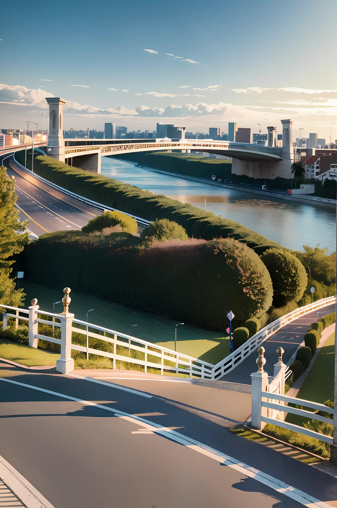 best quality, masterpiece, photo realistic, intricate details, raw photo, photon rendering, octane render, absurdres, ultra detailed, detailed face, detailed skin, trending on artstation,8k masterpiece,cinematic lighting, scenery, scenery, no humans, cityscape, sky, city, cloud, outdoors, building, sunset, city lights, bridge, river, tree, roadn, artist name,