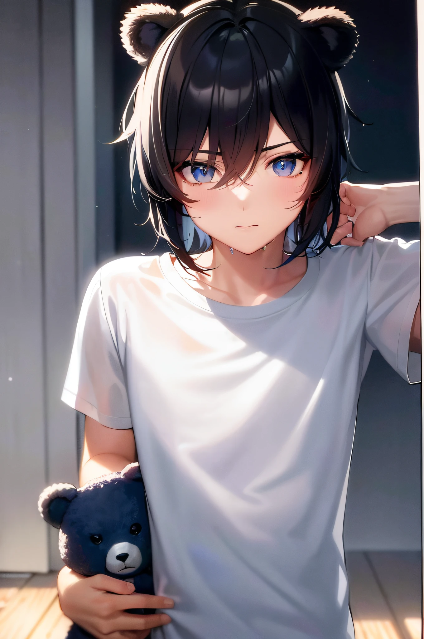 ((A male:1.2)), ((boy:1.2)), first-person view, upper body, cold light, blue_eyes, (bear ears:1.2), hair_between_eyes, (Zaffre eyes color:1.1), (holding a bear toy:1.5), (white T-shirt:1.5), (short hair:1.2), looking_at_viewer, male_focus, short_hair, (the idealism of the future world:1.2), (clean background trending:1.5), rain, wet hair, styled with a captivating hairdo, accentuated with bangs and hair between eyes, highlighting his distinctive and stylish black and short hair, this dynamic composition expertly showcases his strong male focus, in a manner that captivates and intrigues viewers