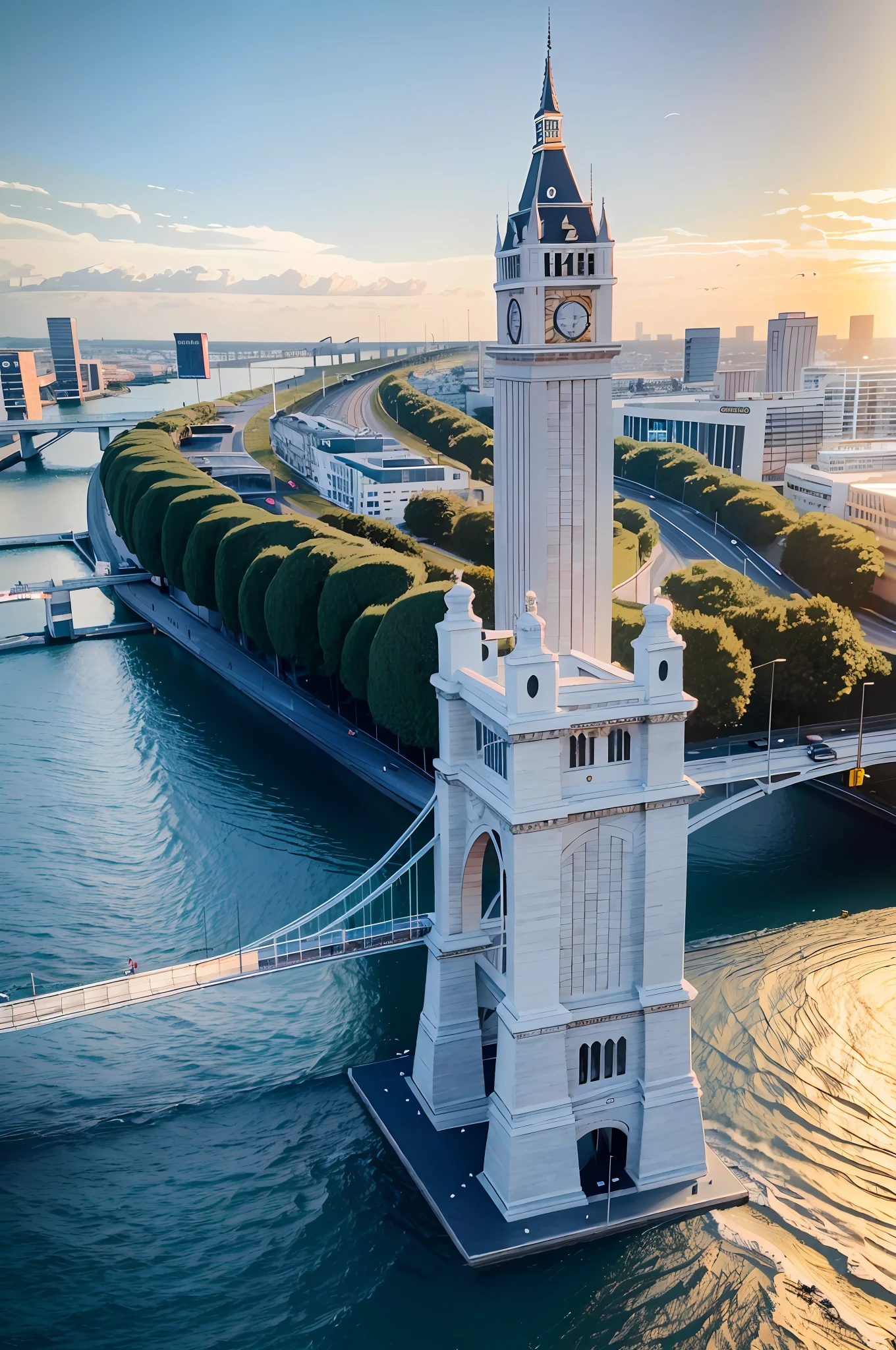 best quality, masterpiece, photo realistic, intricate details, raw photo, photon rendering, octane render, absurdres, ultra detailed, detailed face, detailed skin, trending on artstation,8k masterpiece,cinematic lighting, scenery, scenery, no humans, cityscape, sky, city, cloud, outdoors, building, sunset, city lights, bridge, river, tree, roadn, artist name,