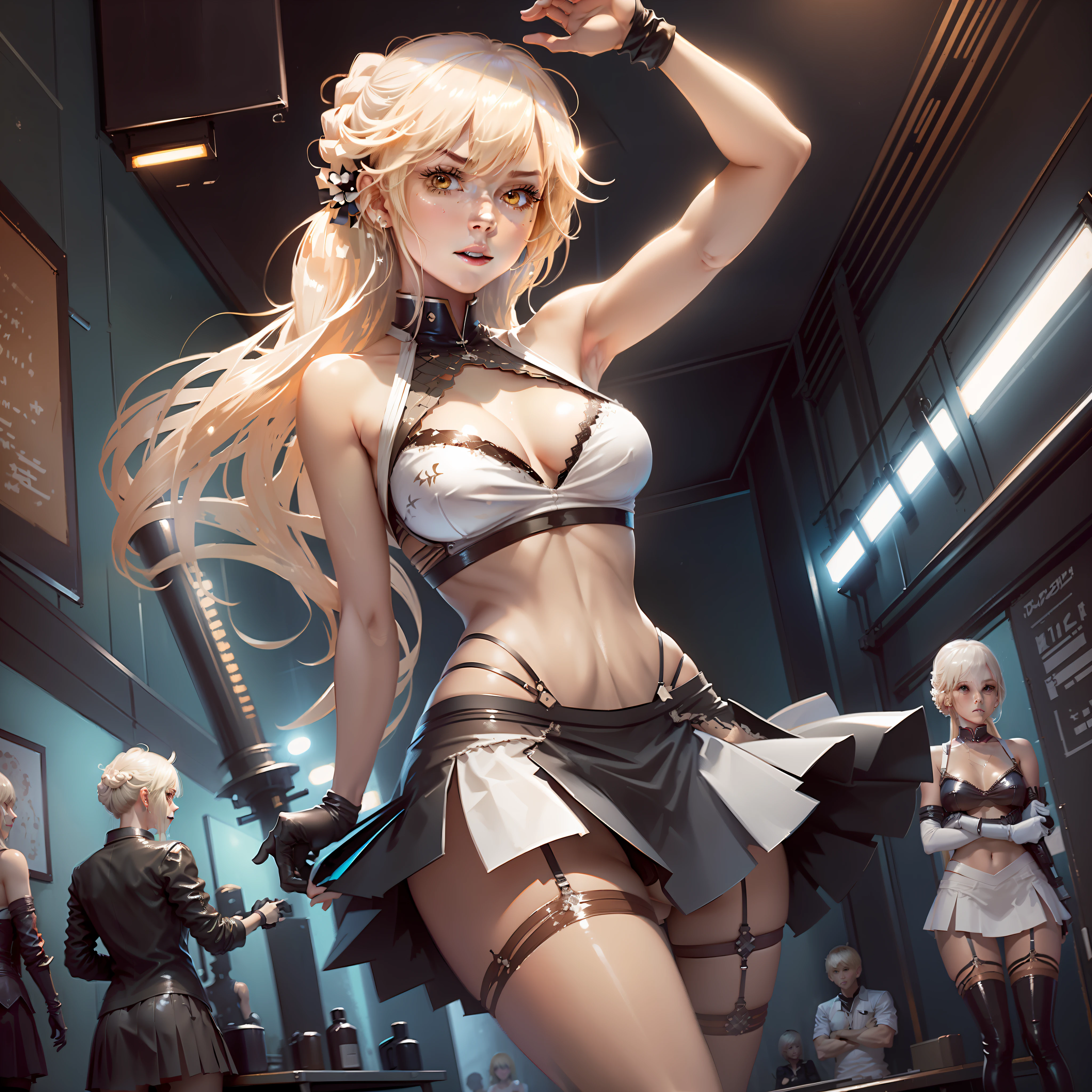 (Blonde Girl: 1.2, Leather Short Skirt: 1.2, White Bra Top), (Tifa: 1.3, White-Haired Girl: 1.2, 2B: 1.2, NiER: Automata Inspiration), (Perfect White-Haired Girl: 1.1, Silverhaired Girl: 1.1, Cyborg: 1.1), Dynamic Pose, Blue World, High Quality, Dynamic Photography, Neon Light Wave.