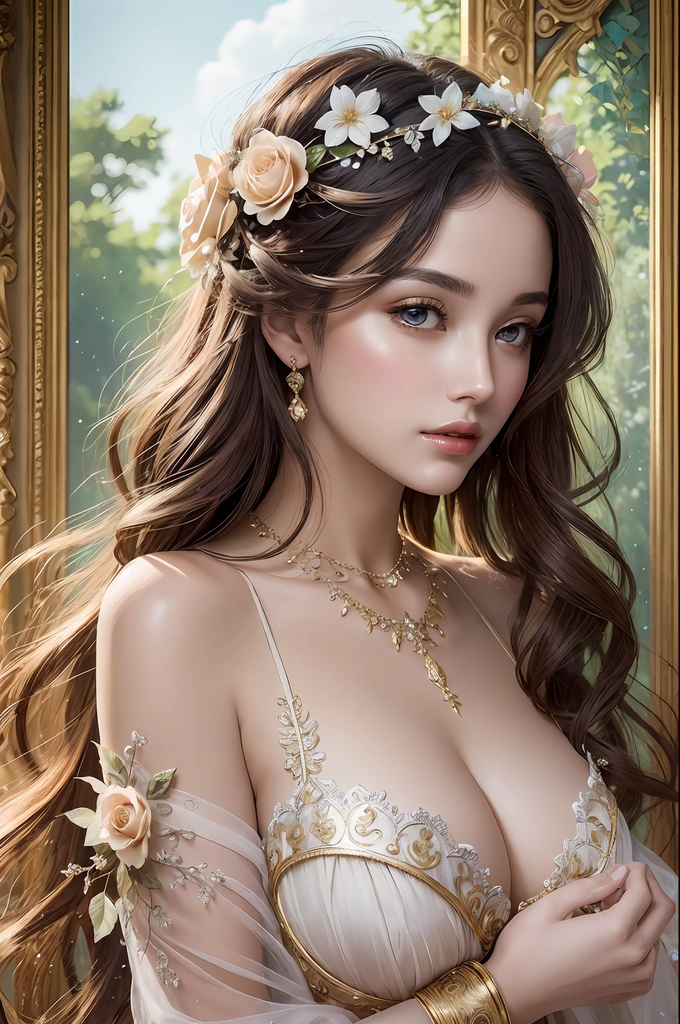 ( Absurd, High quality, ultra-detailed, masterpiece, concept art, smooth, highly detailed artwork, hyper-realistic painting ) ,Goddess, Greek mythology, captivating and enchanting, commanding attention wherever she went, breathtakingly beautiful goddess with flawless features, skin was described as radiant and fair, often compared to the softness of freshly bloomed flowers, hair was a prominent aspect of her beauty. It was typically depicted as lustrous and flowing, often cascading in waves or curls down her shoulders and back, eyes were described as enchanting and alluring, drawing others in with their depth and intensity. Aphrodite’s gaze had the power to captivate and inspire love in those who looked upon her, wearing elegant and ethereal garments. She adorned herself with exquisite jewelry, including necklaces, bracelets, and intricate accessories, lace lingerie