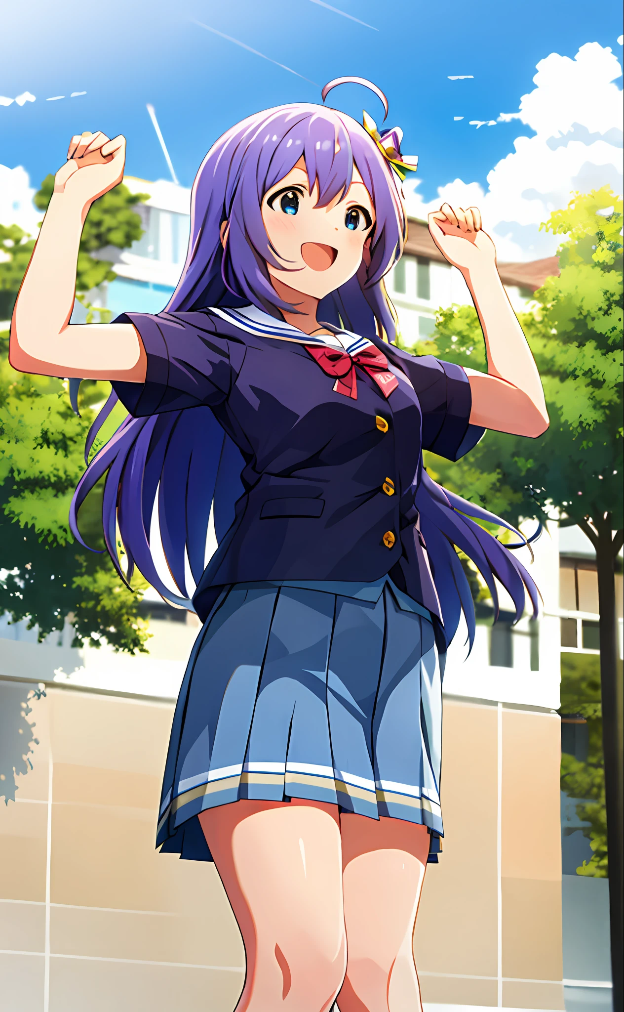 Anna Mochizuki (Million Live), Shiny Trinity \ (Costume), (Best Quality, 8K, Masterpiece, Super Detail: 1.2), Sea, Sun, Mottled Sunlight, Blue Sky, Beautiful Clouds, 1 Girl, Solo, Skirt, Smile, Open Mouth, V, Watch Viewer, White Sailor Color, Blue Shirt, Sailor Color, Blue Skirt, Pleated Skirt, Short Sleeve, :d, Shirt, School Uniform, Blush, Serafuk, Clavicle, bow, ribbon, blue bow.Spread your arms.Stretch your chest.Clench your fists.View from below.