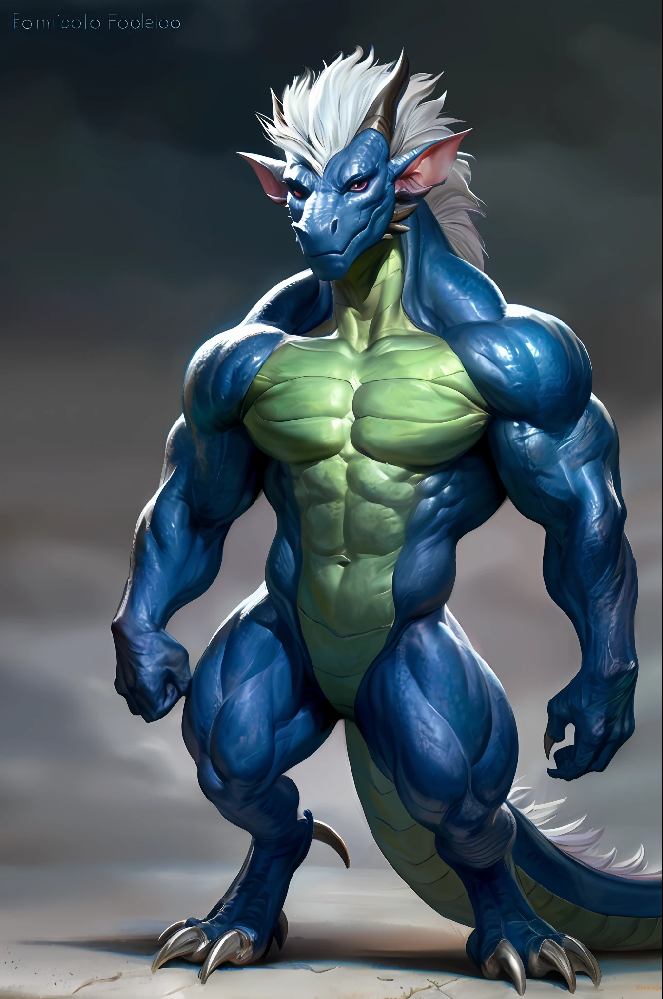 , by Bonifasko, anthro, solo, mighty, strong, muscular body, dragon, mesomorph, small head, mane, detailed background, standing, looking at viewer, male, front view