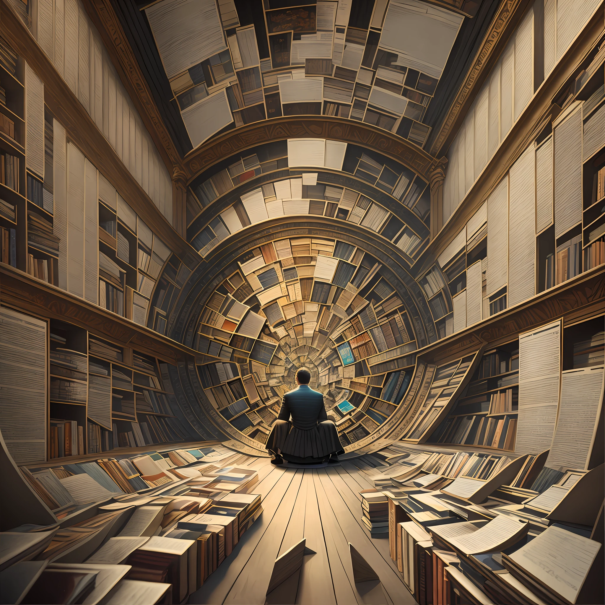 there is a man sitting in a library with books on the floor, endless books, books cave, mind-bending digital art, by Artur Tarnowski, surreal 3 d render, surreal concept art, infinite library, an eternal library, library of babel, vast library, 3 d render beeple, filled with books, by Alexander Kucharsky
