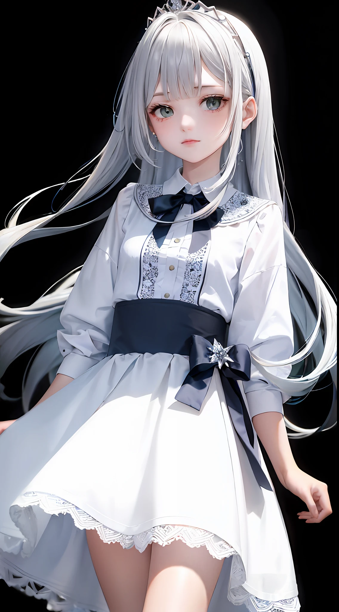 1girl, (masterpiece:1.1), (best quality:1.1), (white blouse:1.1), (checkered skirt:1.1), school uniform, high-waist skirt, BREAK [blue:pink:0.5] theme, (gradient background:1.1), cowboy shot, BREAK silver hair, long hair, , green eyes, intricate detailed tiara, looking to the side,