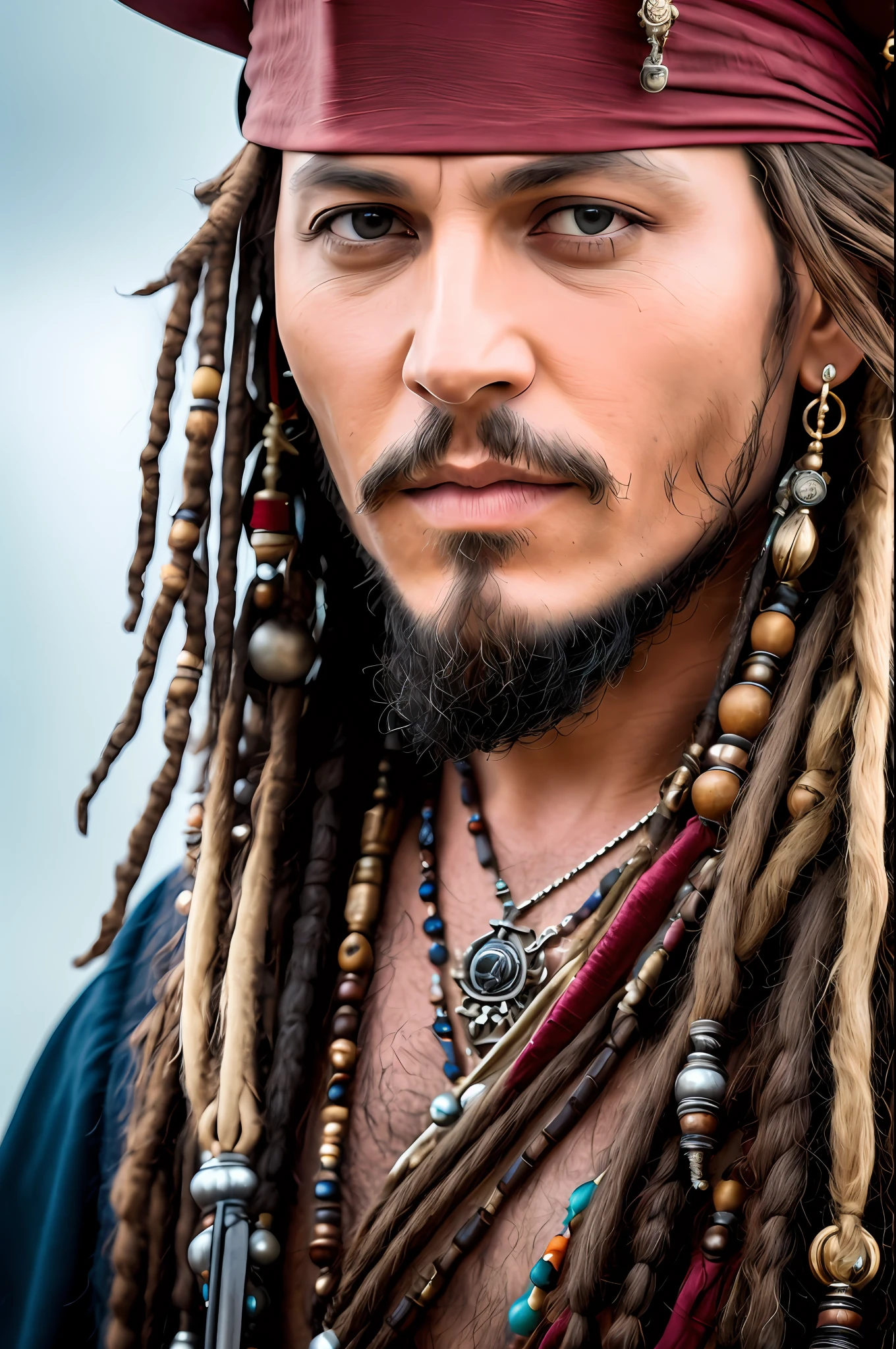 Masterpiece, Johnny Depp standing on the Black Pearl Pirate Ship, (Jack Sparrow's costume dress up and beard, 1.3), (high detail: 1 1), rough face, natural skin, high quality, nsfw, beautiful eyes, (detailed face and eyes), (face: 1 2), noise, extra, real photo, psd, lamp film photography, clear focus, contrast lighting, detailed skin, high resolution 8k, crazy detail, realistic, professional photography, 8k uhd, dslr camera, soft light, High quality, film grain, Fujifilm XT3