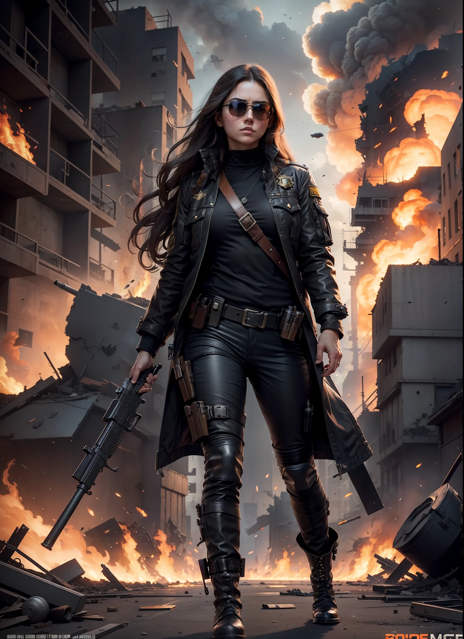 ana of arms, big chest, police, long hair, sunlasses, holster, rivets, long black jacket, just one body, big gun in hands, in action, in ruins, explosions behind, fire behind, front view, movie poster