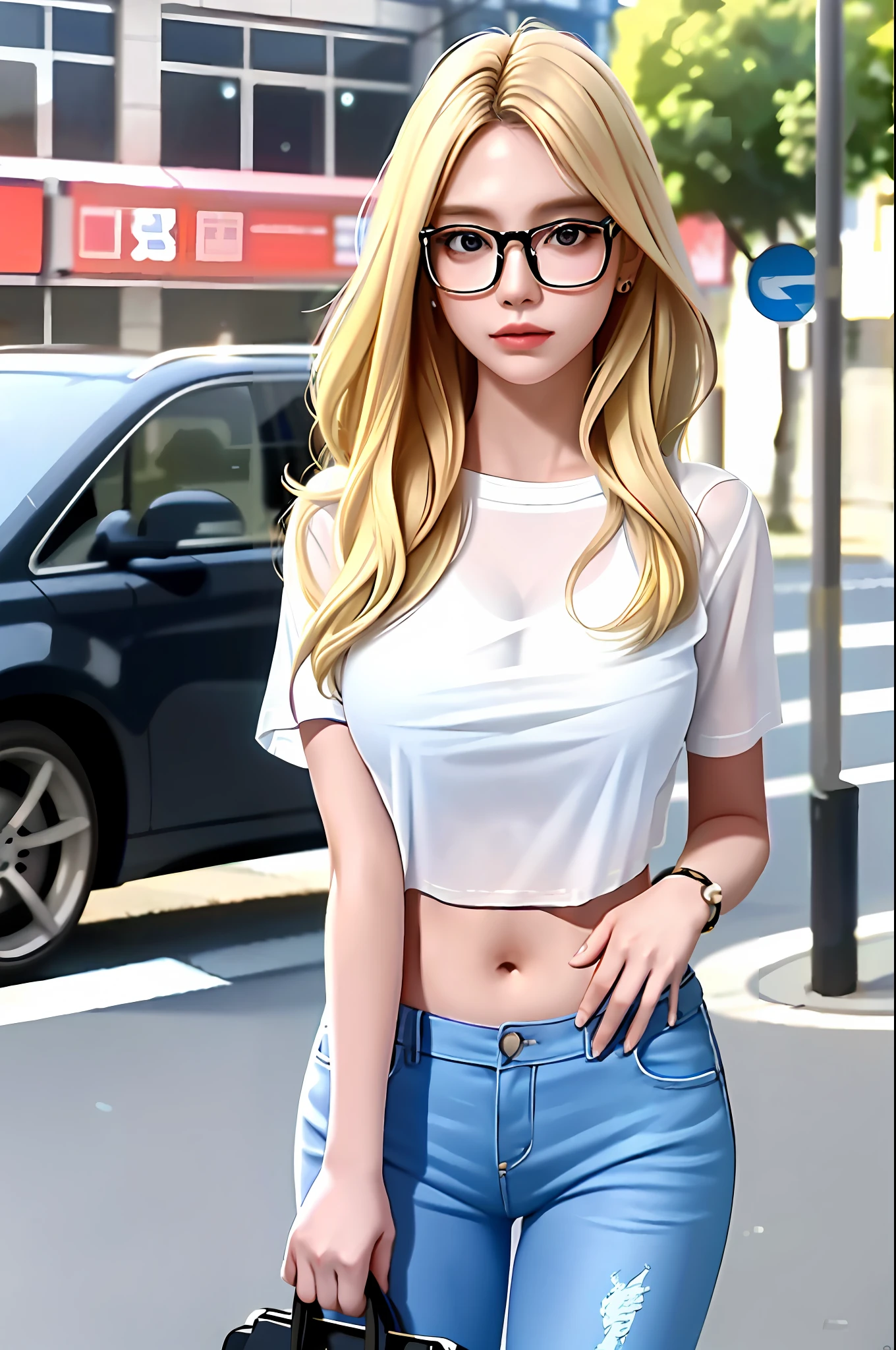 Masterpiece, best quality, realistic, 1girl, blonde, glasses, white shirt, blue jeans, standing, street, see-through, belly, big breasts