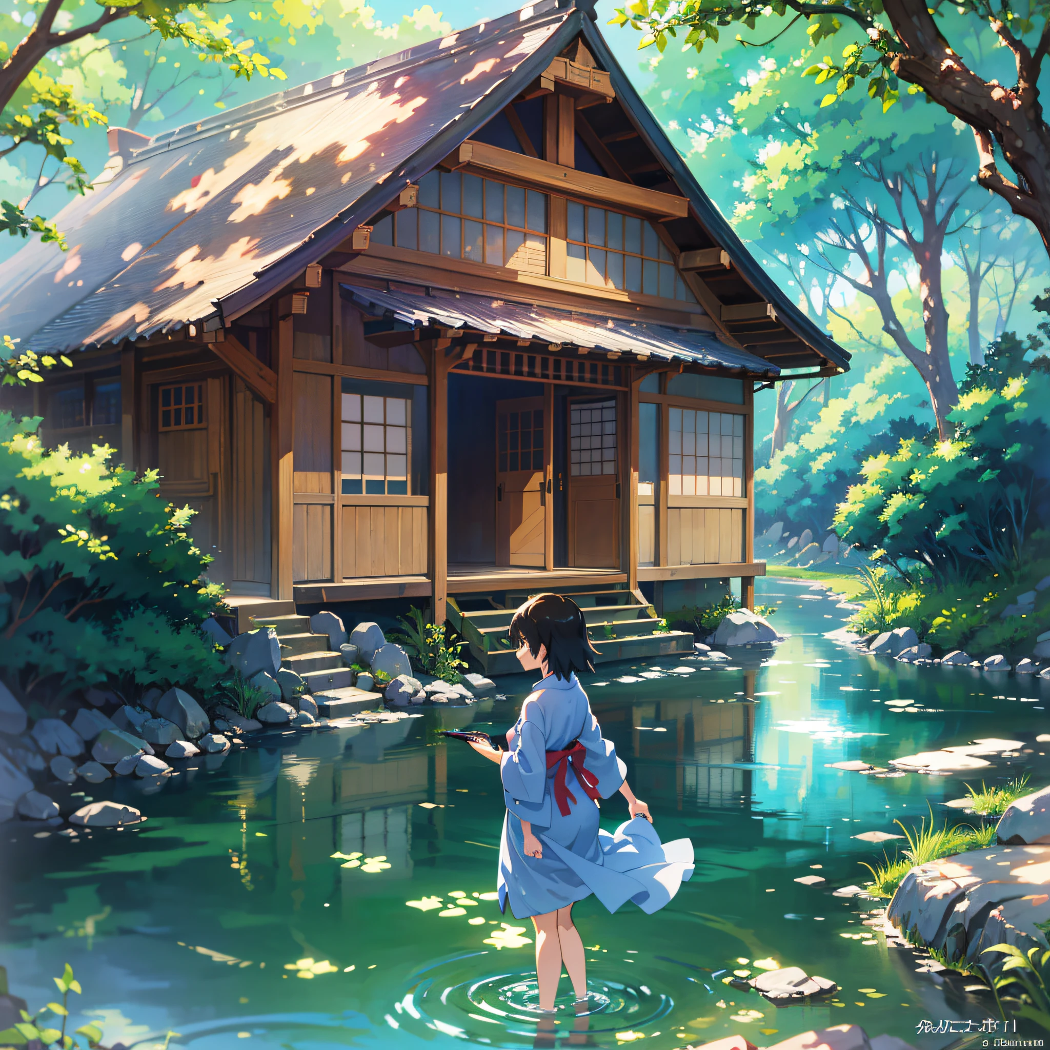 Makoto Shinkai and Ghibli Studio, Rofi, anime girl playing pleasantly in a beautiful stream in a yukata, old folk house, distant eyes, clearly outlined silhouette, sunny, summer, very detailed and incredible quality, trend, masterpiece, 8K high-resolution artwork created at the art station. --auto --s2