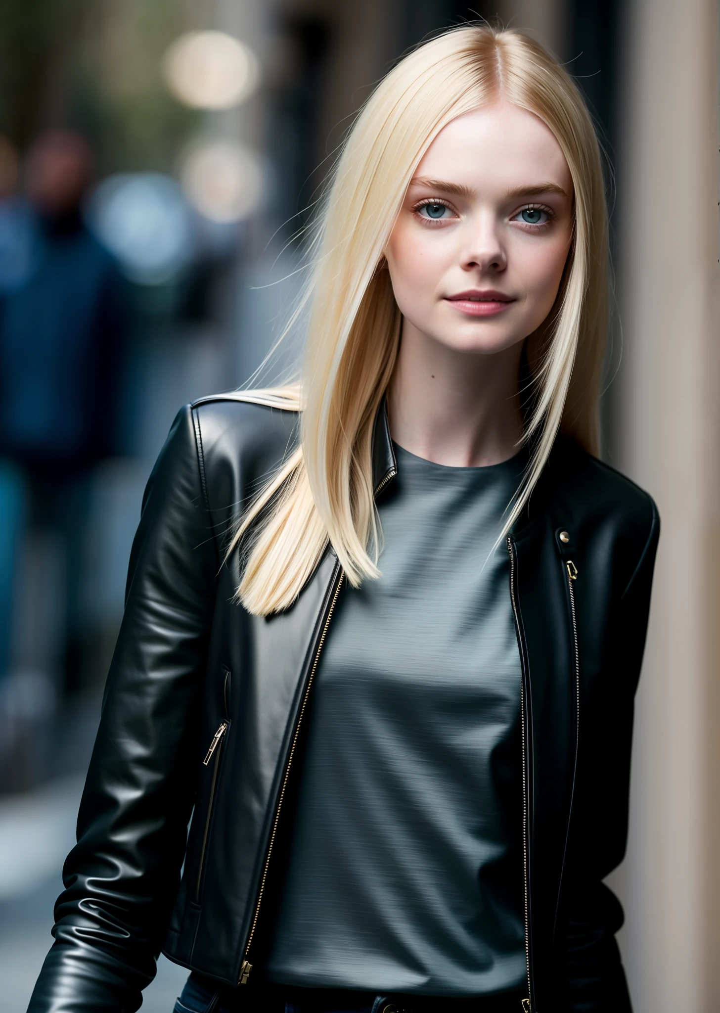 Elle Fanning professionalshoot stylish photo shoot with leather jacket, no top, open jacket, in the city, realistic, sharp focus, 8k high definition, insanely detailed, intricate, elegant, on summer day, very short top, underboob, tight top, wing eyeliner, wings eyeliner, eyeliner wings, skinny jeans, hyper-realistic, ultra detailed,(highly detailed skin: 1.2), 8k uhd, dslr, soft lighting,  high quality, grain film, 20mp, Fujifilm XT3, 80mm, hasselblad
