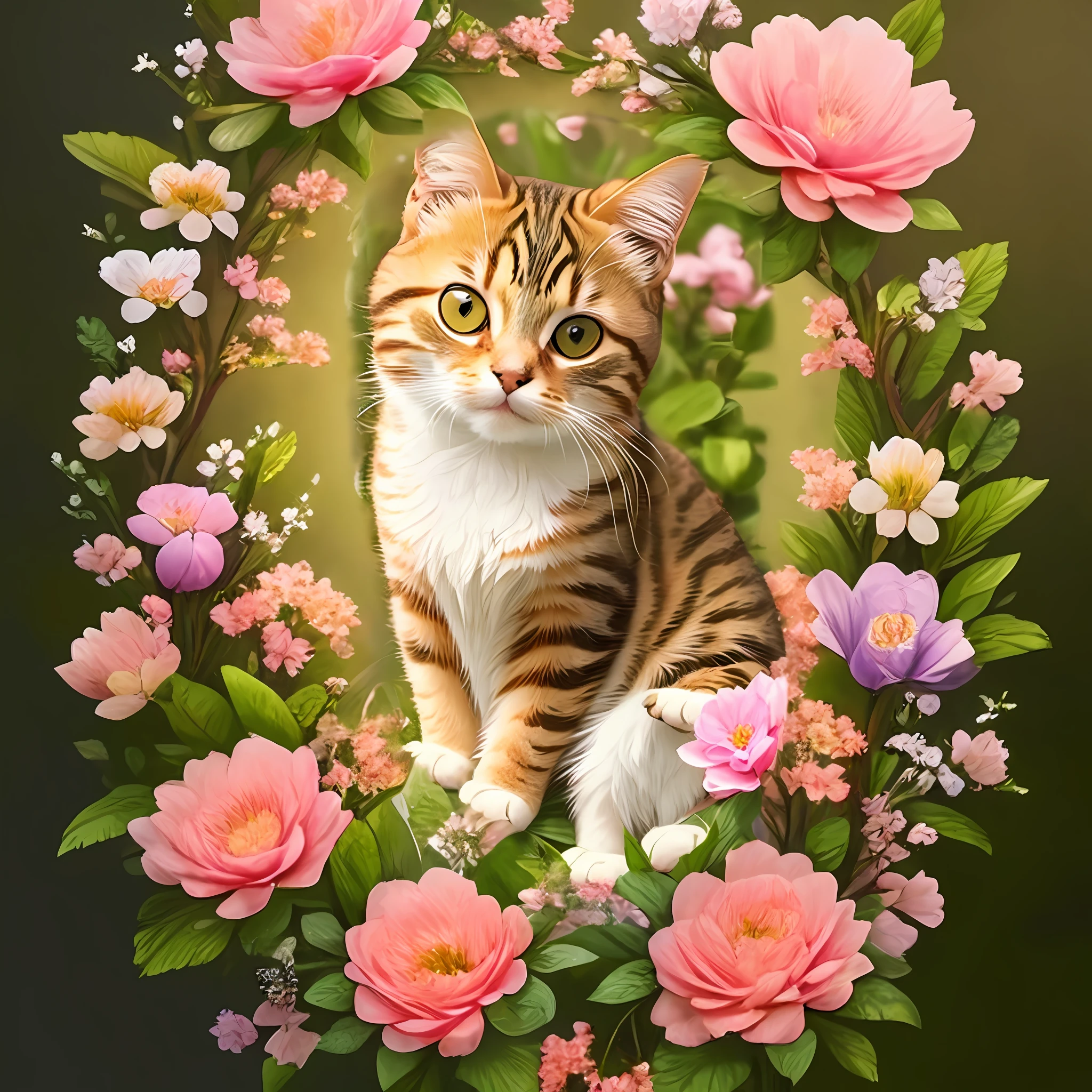 A tabby, gorgeous, cute, perfect cat sitting sideways watching the flowers