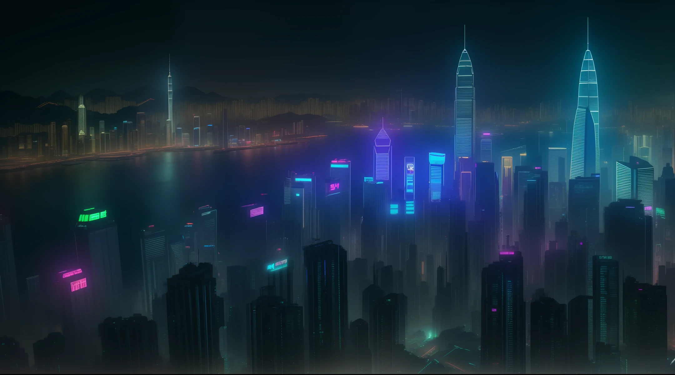 nighttime view of a city with skyscrapers and a bridge, kowloon cyberpunk cityscape, cinematic neon matte painting, arstation and beeple highly, kowloon cyberpunk, inspired by Liam Wong, luminescent matte painting, night cyberpunk city, cyberpunk city at night, cinematic beeple, beeple |, ross tran. scenic background, cyberpunk cityscape