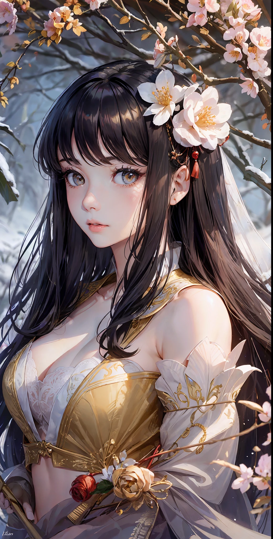 There is a woman in red dress holding a white umbrella, traditional Chinese white umbrella, wild snow scene, a girl in Hanfu, Hanfu, Chinese girl, Chinese woman, Chinese style, white Hanfu, red shawl, snowing, distant scene one A peach blossom tree, full of peach blossoms, a few villages of peach blossoms stretching down from the close-up view, a lot of peach petals floating in the air, heavy snow with goose feathers, 2 colorful butterflies flying, traditional Chinese clothing, cover photo Du's portrait Juan, portrait photo, China Princess, wearing red cheongsam, inspired by Tang Yifen, black haired goddess, beautiful brunette girl, oriental girl, master work, best picture quality, higher quality, high detail, super high resolution, 8k resolution, depth of field, Cinematography, Intricate detail, Elaborate, Meticulous, Magnificent, Maximum detail, Extreme beauty, (((1girl, solo))), 18age, Long hair, Black hair, White skin, Realistic, Masterpiece, (best picture quality), higher quality, high detail, super high resolution, panorama, exquisite facial features, perfect face, glowing skin, dreamy background, women, girls, angels, mini girls, goddesses, poets, shy, Surprise, shoulder-length hair, black hair, sharp and clear focus, three-dimensional silhouette, correct proportions, realistic portrait, face close-up, a very temperamental beautiful girl, slender figure, exquisite facial features, flowing long hair, Black hair, extremely detailed hair description, (collarbone), perfect face, clean and flawless face, long eyelashes, light pink eye shadow, shallow dimples, blush, watery big eyes crystal clear, delicate cream Glowing skin like skin, detailed skin details, CFG scale: 8,(A beautiful girl with large breasts and a wisteria flower in her hair),(she wears a white bikini and has her lips slightly parted),(her navel is visible as she stands surrounded by alraune plants), a dream-like atmosphere with vibrant colors and soft lighting, red hair, yellow detailed eyes