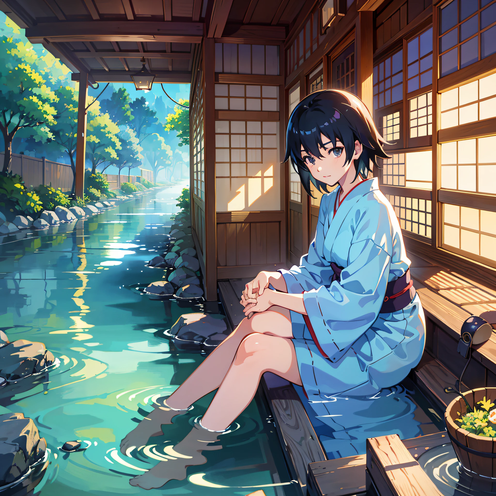 Makoto Shinkai and Ghibli Studio, Rofi, anime girl playing pleasantly in a beautiful stream in a yukata, old folk house, distant eyes, clearly outlined silhouette, sunny, summer, very detailed and incredible quality, trend, masterpiece, 8K high-resolution artwork created at the art station. --auto --s2