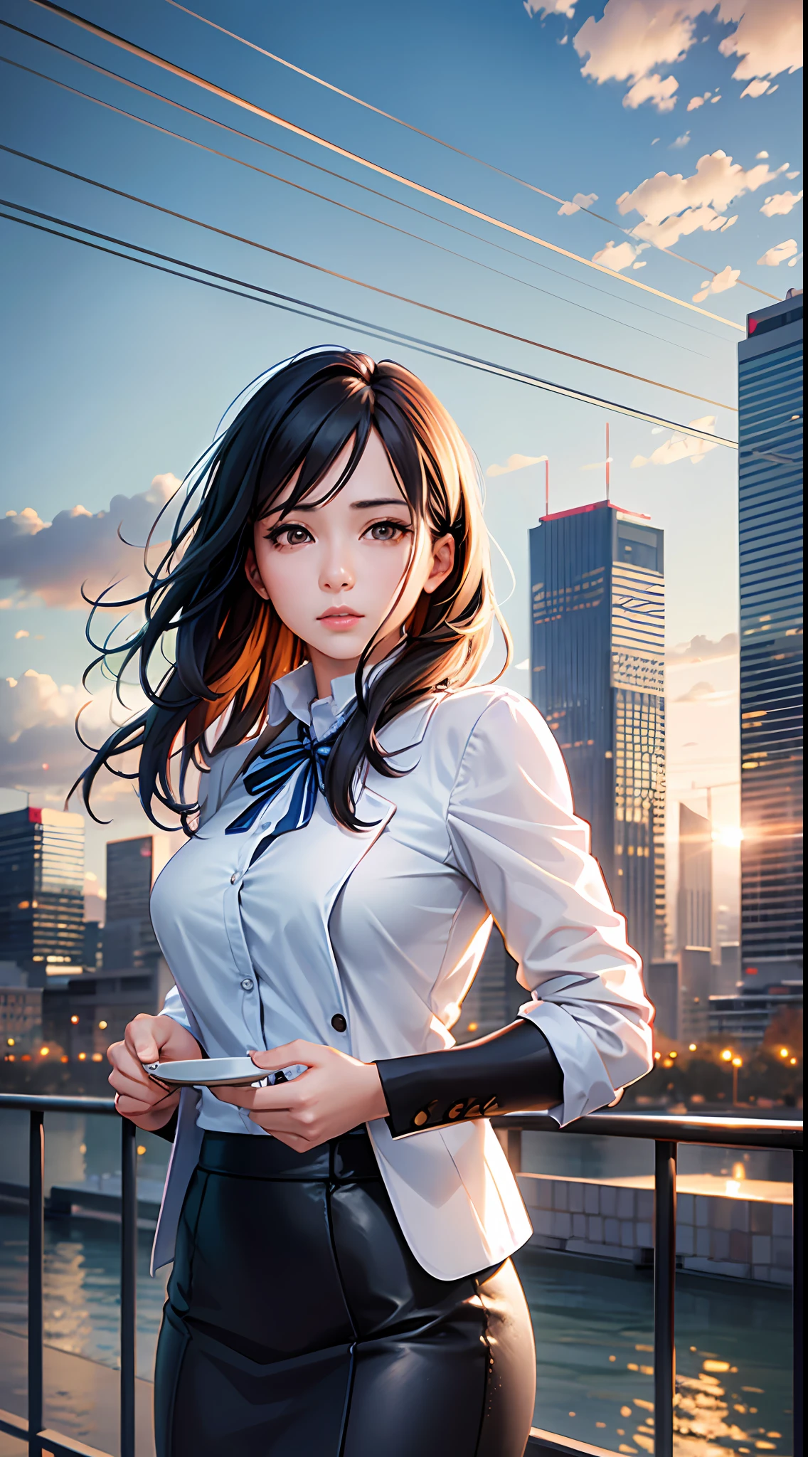 High cold temperament girl, dressed in professional clothes, cold and ruthless face, a woman with a charming face and a shy tea style, best quality, masterpiece, photo realistic, intricate details, raw photon rendering, octane rendering, absurd, super detailed, detailed face with multicolored hair, detailed skin, trend in artstation,8k masterpiece, movie lighting, landscape, landscape, no one, cityscape, sky, city, clouds, outdoors, building, sunset, city lights, bridge, river, tree, roadn, the artist's name