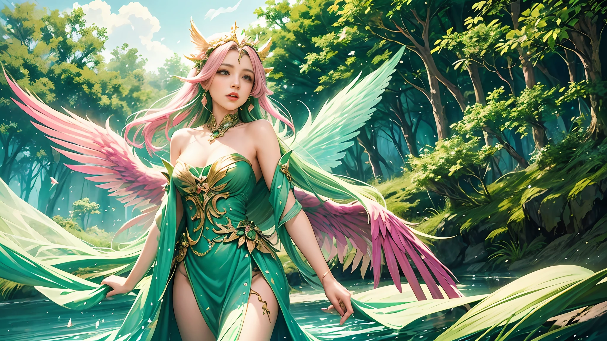 a woman in a green dress with pink wings standing in a river, a beautiful fantasy empress, anime goddess, ((a beautiful fantasy empress)), goddess of nature, beautiful goddess, mystical atlantean valkyrie, fantasy beautiful, of beautiful angel, goddess of beauty, goddess of summer, beautiful adult fairy queen, vibrant fantasy style, majestic wings, xianxia fantasy