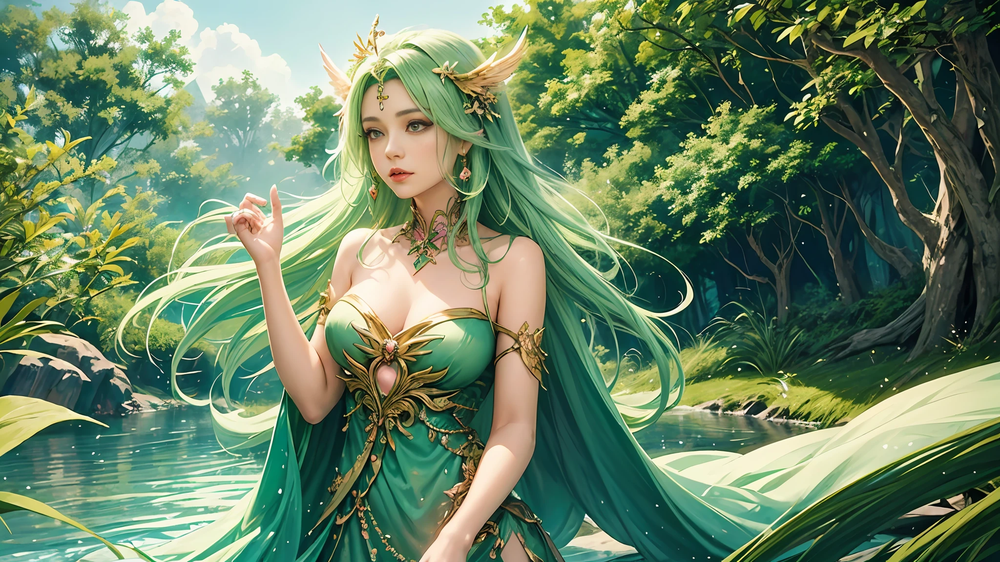 a woman in a green dress with pink wings standing in a river, a beautiful fantasy empress, anime goddess, ((a beautiful fantasy empress)), goddess of nature, beautiful goddess, mystical atlantean valkyrie, fantasy beautiful, of beautiful angel, goddess of beauty, goddess of summer, beautiful adult fairy queen, vibrant fantasy style, majestic wings, xianxia fantasy