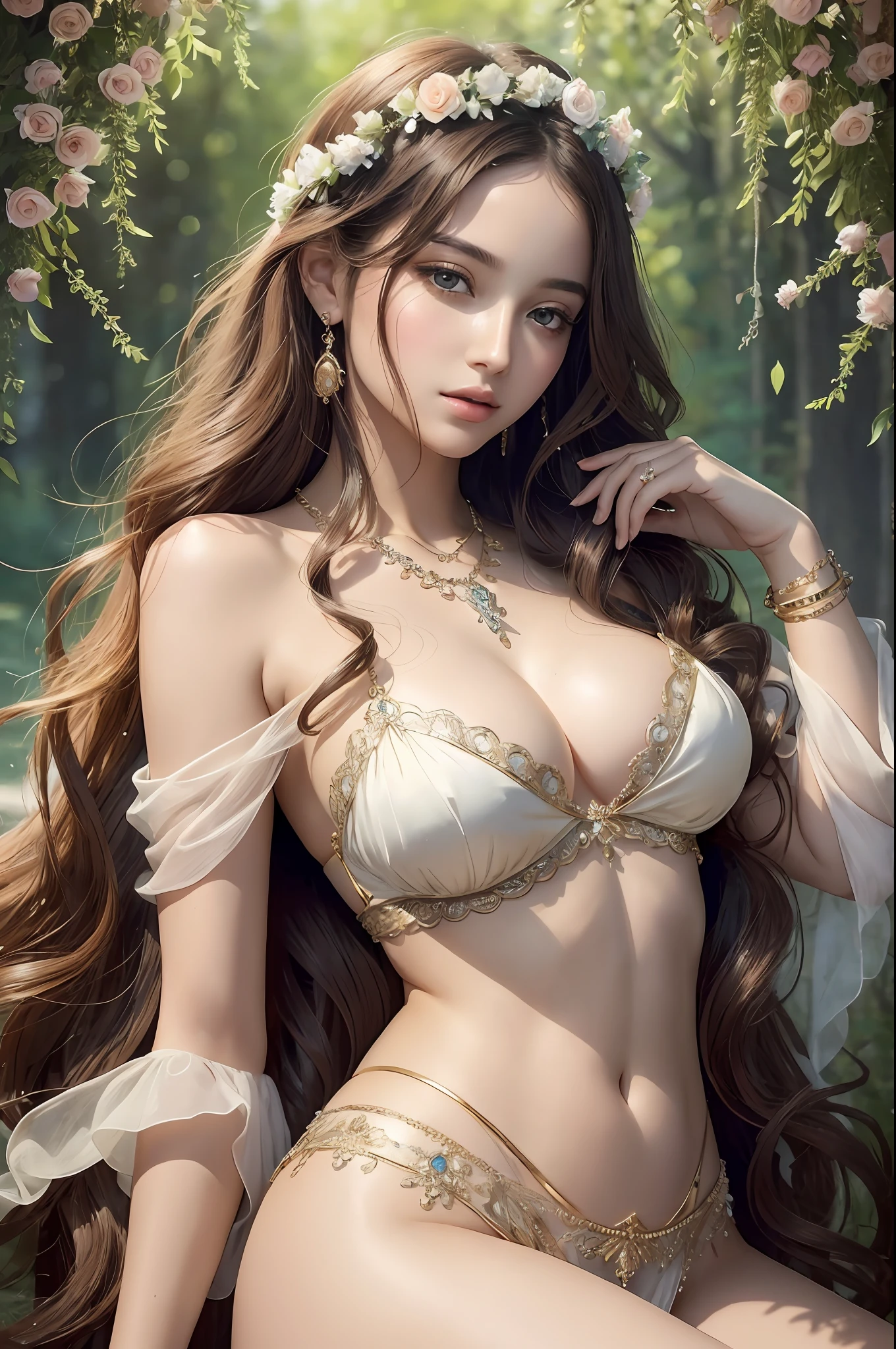 ( Absurd, High quality, ultra-detailed, masterpiece, concept art, smooth, highly detailed artwork, hyper-realistic painting ) ,Goddess, Greek mythology, captivating and enchanting, commanding attention wherever she went, breathtakingly beautiful goddess with flawless features, skin was described as radiant and fair, often compared to the softness of freshly bloomed flowers, hair was a prominent aspect of her beauty. It was typically depicted as lustrous and flowing, often cascading in waves or curls down her shoulders and back, eyes were described as enchanting and alluring, drawing others in with their depth and intensity. Aphrodite’s gaze had the power to captivate and inspire love in those who looked upon her, wearing elegant and ethereal garments. She adorned herself with exquisite jewelry, including necklaces, bracelets, and intricate accessories, lace lingerie